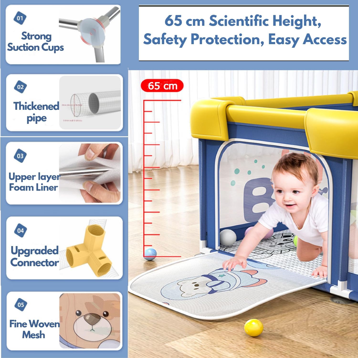 Careopeta 180 * 120 Cm Playpen for Babies Upto 5 Year Baby Fence Play Area Children Activity Play Yard for Kids Baby Play Area Indoor Setup Living Room Todldler Infant Play Pen Mesh with Balls(Blue) - Image 4 thumbnail