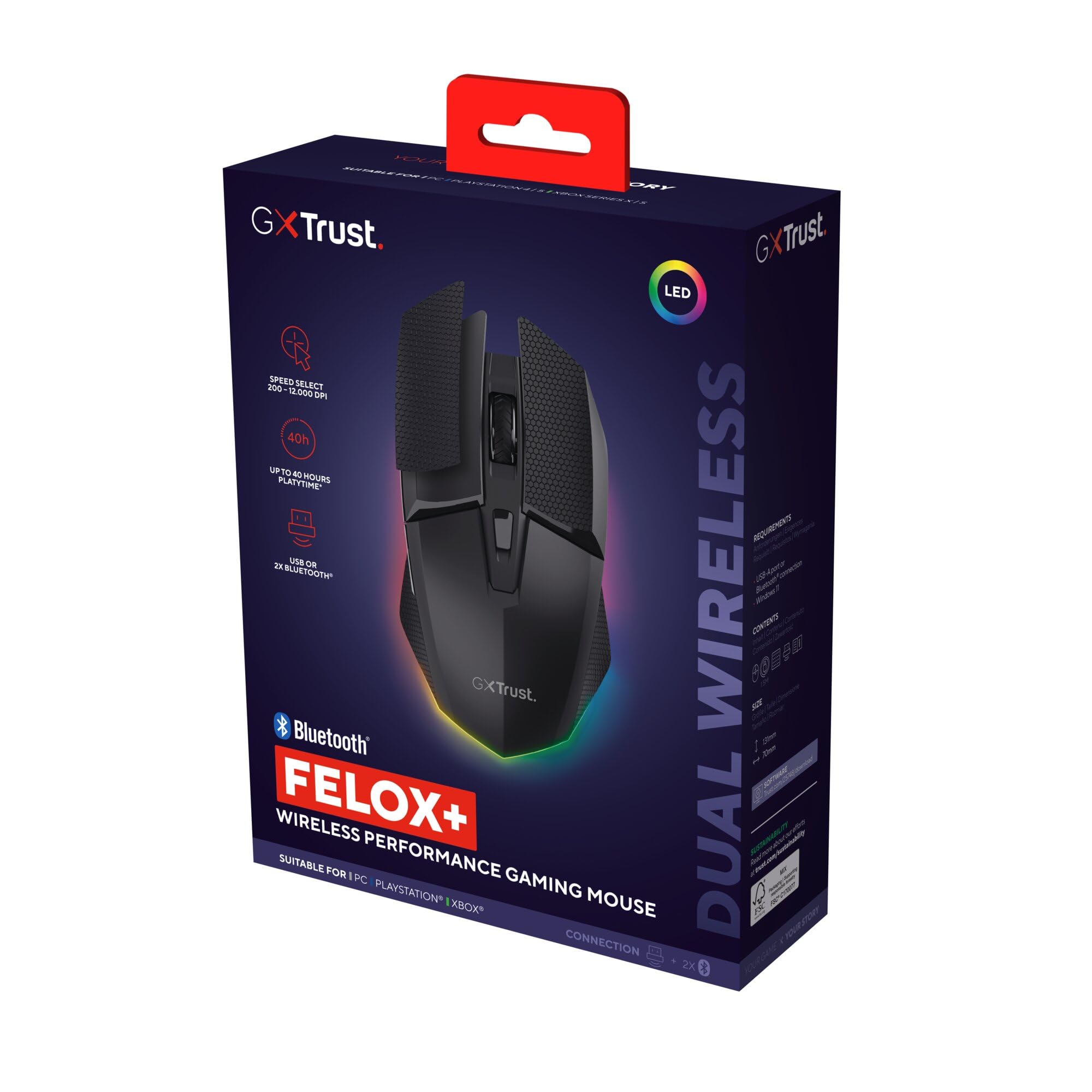 GXTrust 122 Felox+ Ratón Inalámbrico Gaming Bluetooth + 2.4GHz, Batería de 40h, 12K dpi, Iluminación LED Multicolor, 6 Botones, Ratón Gaming para Portátil, PC, Windows con USB-A Receptor, Negro — view 17