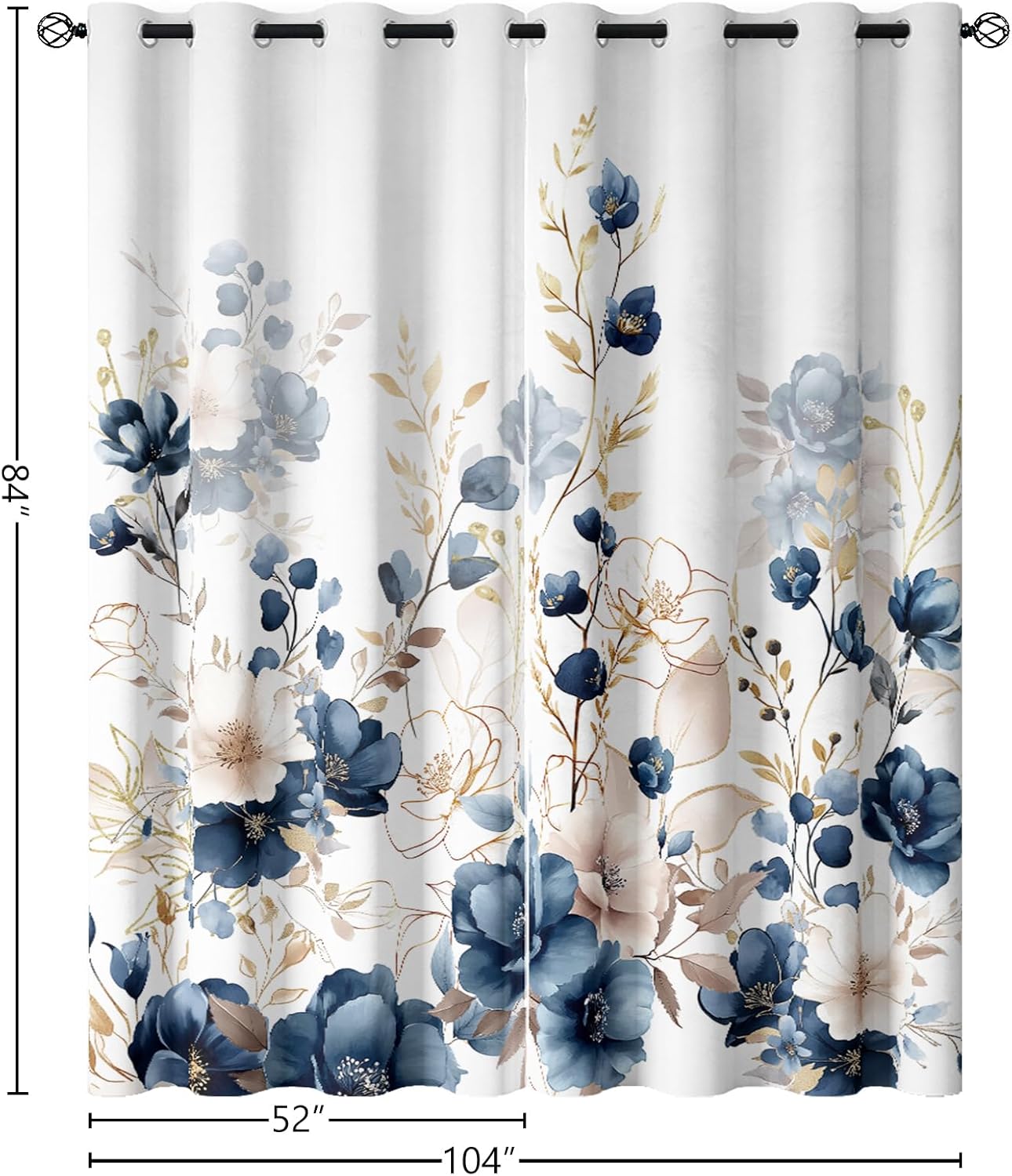 Sanzugh Boho Floral Blackout Curtains 84 Inch Long 2 Panels Set, Navy Blue and Gold Flower Cute Black Out Patterned Printed Window Curtain for Bedroom Living Room, Grommet Window Drapes
