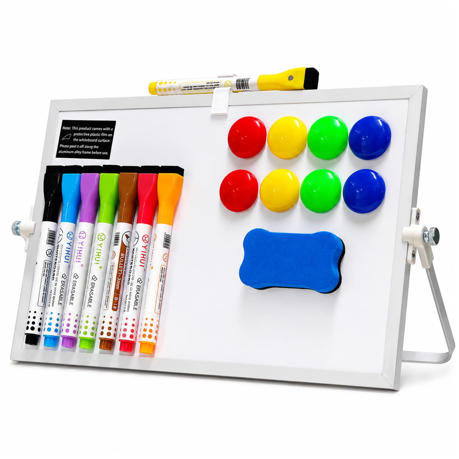 Foldable Desktop Magnetic Whiteboard 20x30 cm, Double Sided Dry Erase Board with Sturdy White Frame and Stand, 8 Pens, Eraser, 8 Round Magnets, Portable A4 Mini Writing Board for Home, Office, School