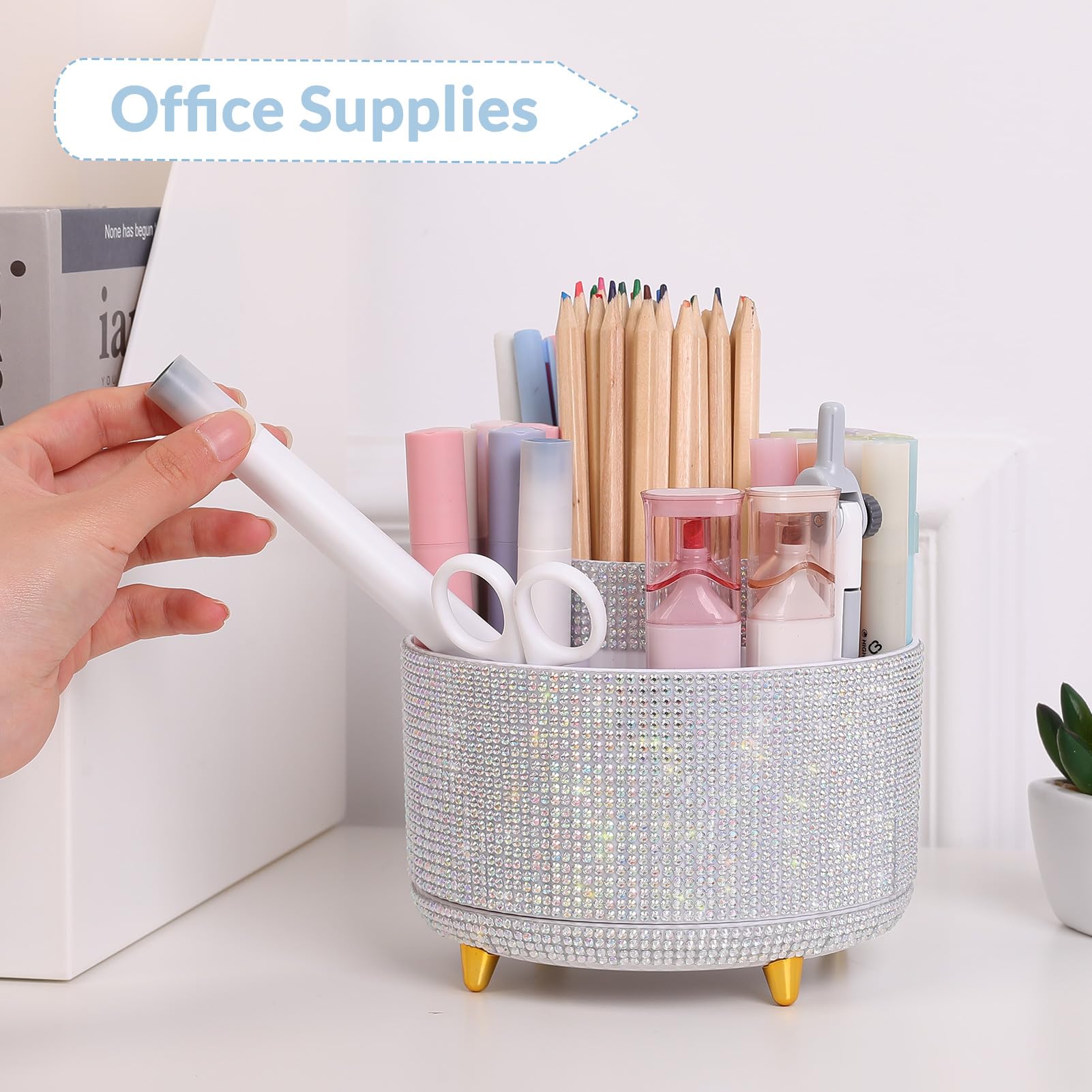 SKYDUE Organizer da scrivania girevole a 360 gradi, portapenne brillante a doppio scopo con strass, organizer da scrivania rotante con 5 scomparti, portapenne con strass, per ufficio, scuola, casa
