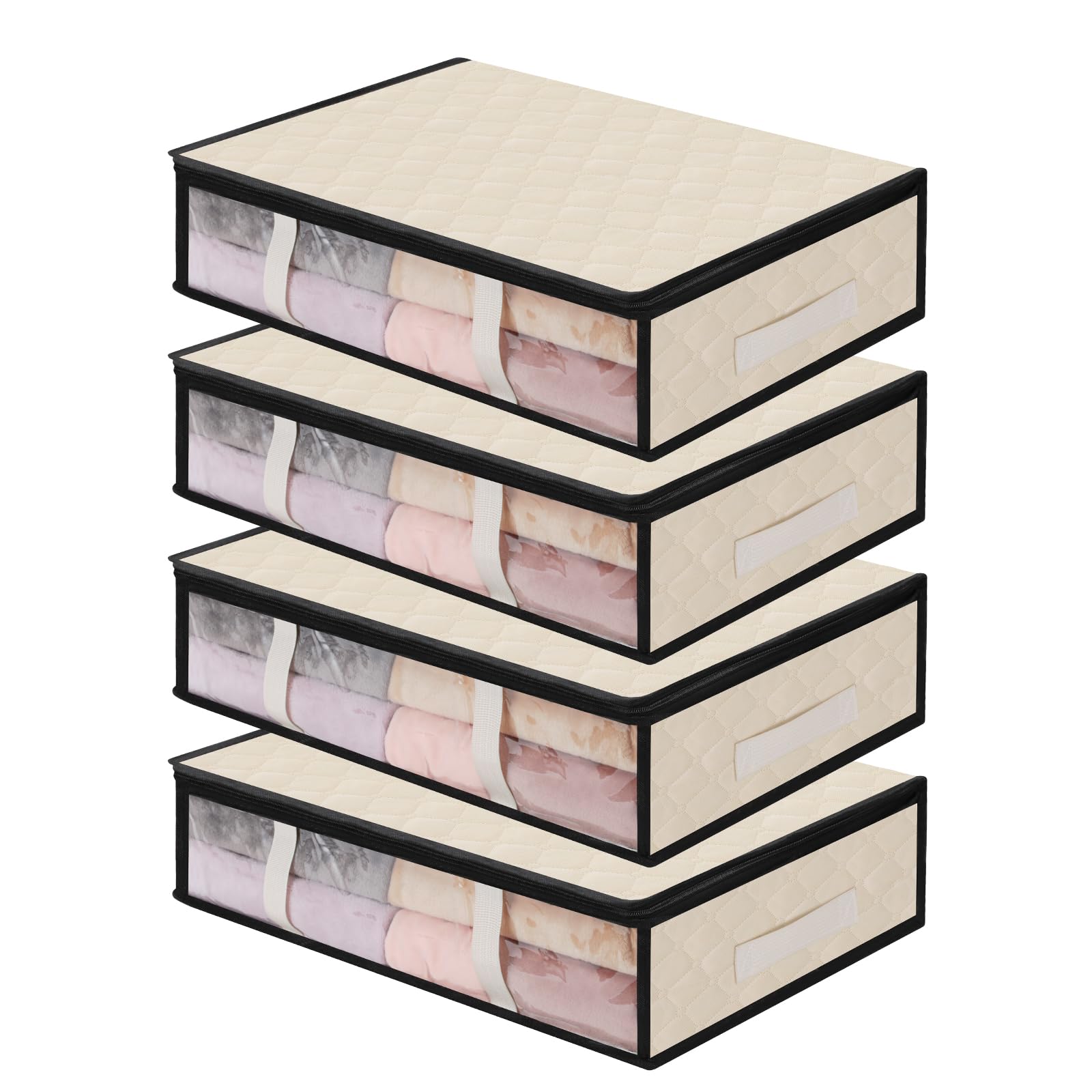 AiQInu Onderbedcommode, 4 stuks, organizer voor onderbedden, met kijkvenster en handgreep, ruimtebesparend, opvouwbaar, voor kleding, dekens, dekbedden