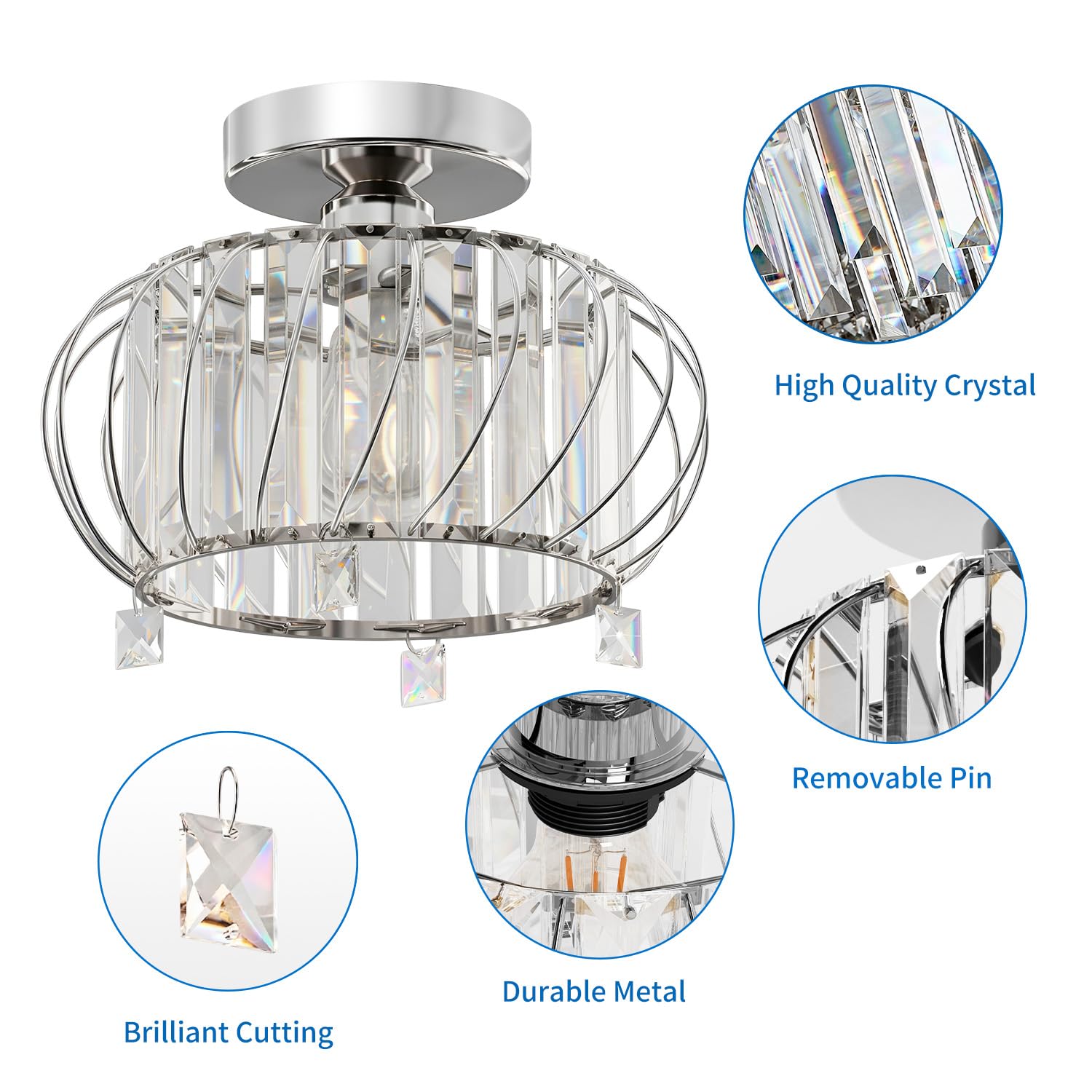 ANWIO Lustre en Cristal Moderne Argent, E27 Plafonnier Led Cuisine Ø280mm, Luminaires Intérieur pour Salon, Chambre, Salle à Manger