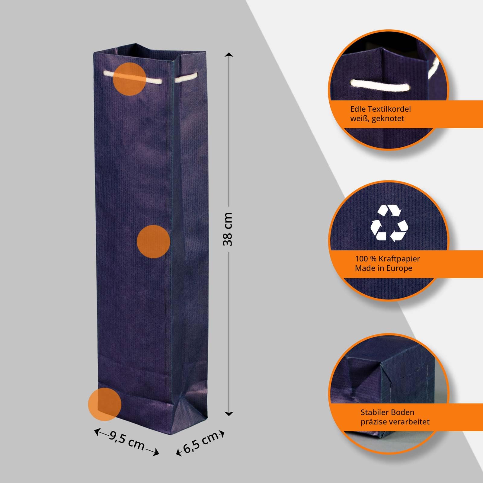 100 x Flaschentaschen blau 9,5+6,5x38 cm | Flaschentüten | Geschenktüte Flasche Wein | Weintaschen | HUTNER