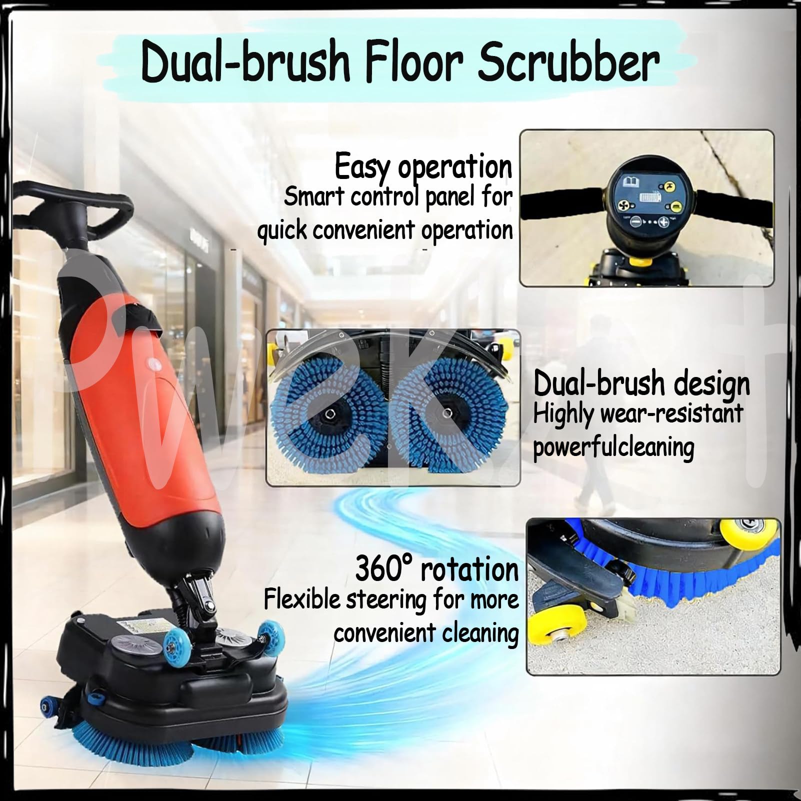 Fregadora De Suelos Comercial De 17 Pulgadas (43 Cm), MáQuina para Suelos De Doble Cepillo De Empuje Manual, PortáTil Y Rotativa; Apta para Hogares, Oficinas Y BañOs Gray