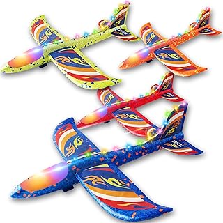 SpringFlower 4 Pack Airplane Toys for 3 4 5 6 7 8 Years Old Boys, 4 Throwing Foam Plane Toy, 2 Flight Modes LED Foam Glider Plane, Outdoor Flying Toy Birthday Gifts for for Boys & Girls