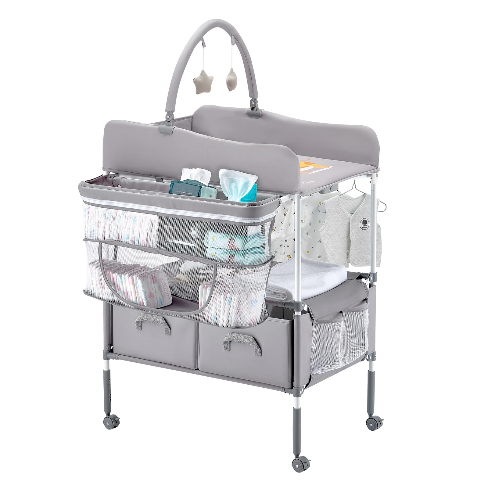 VEVOR Table à langer pour bébé, station à langer pliable avec 2 tiroirs en tissu, panier latéral et tringle, table à langer portable à hauteur réglable avec roulettes verrouillables et 2 jouets en
