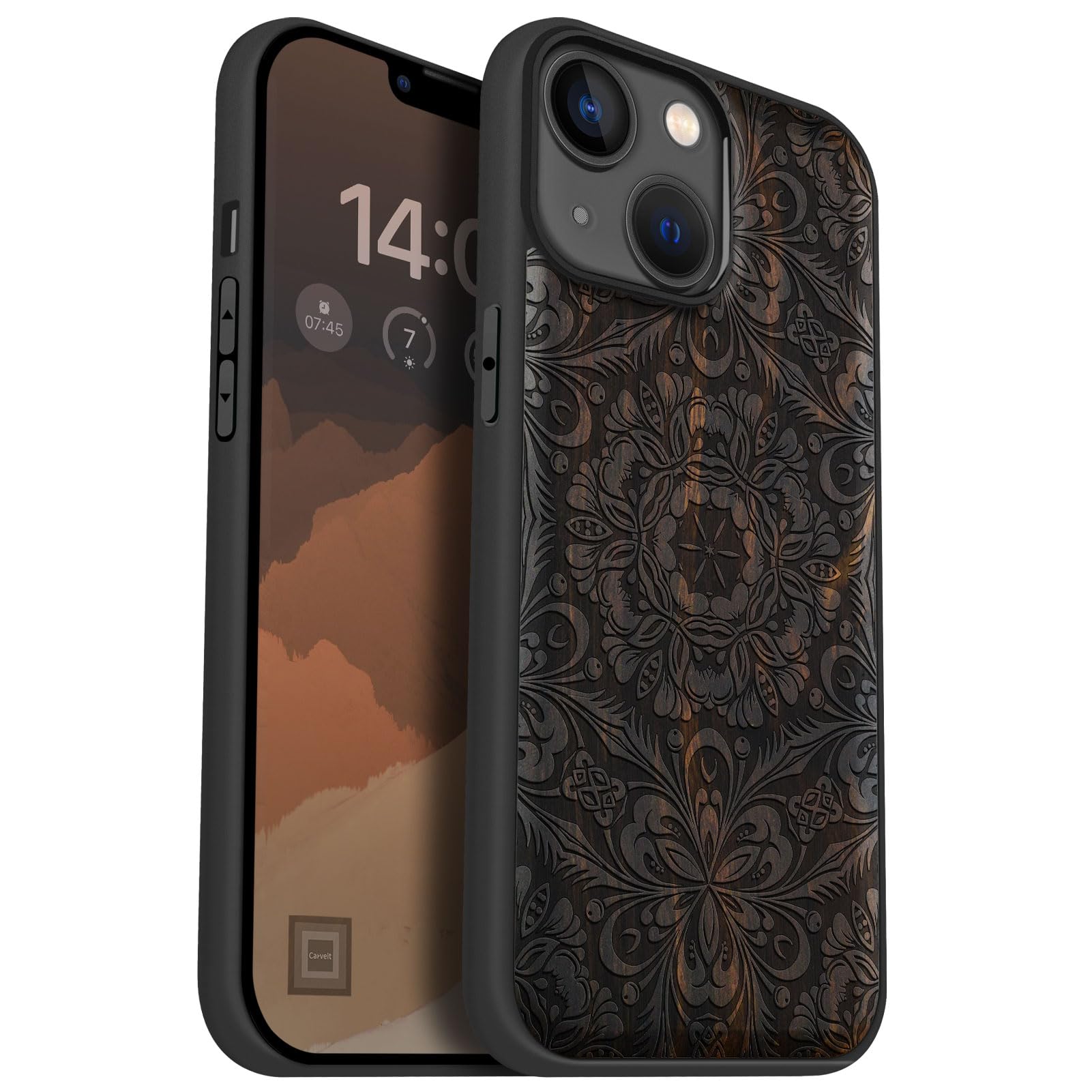 Carveit Magnetic Wood Case for iPhone 14 Case [Natural Wood & Black Soft TPU] Shockproof Protective Cover Unique Wooden Case Compatible with magsafe (