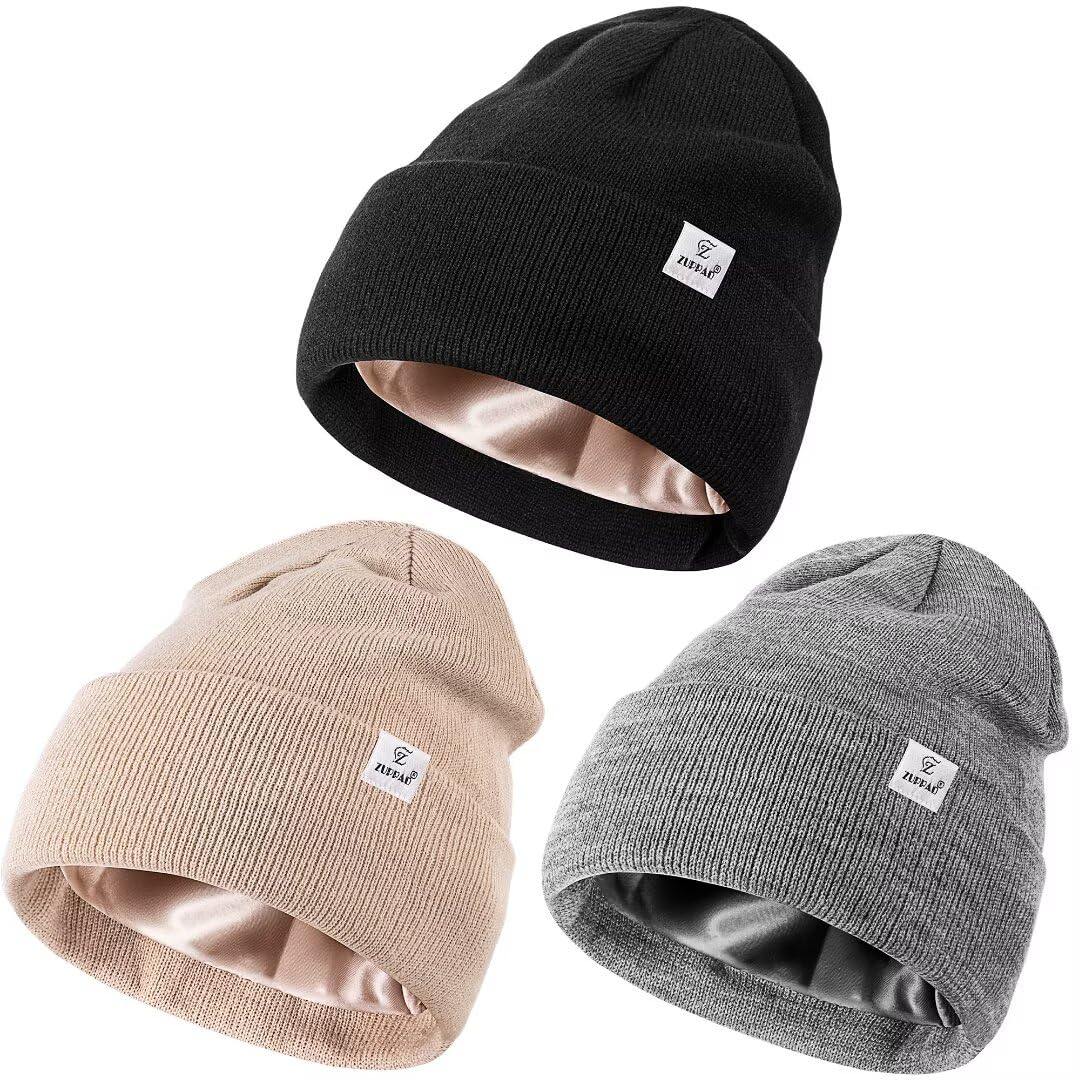 3 Pack Satin Lined Winter Beanie Hats for Women Men,Silk Lined Womens Beanies Knit Soft Warm Cuffed Hat