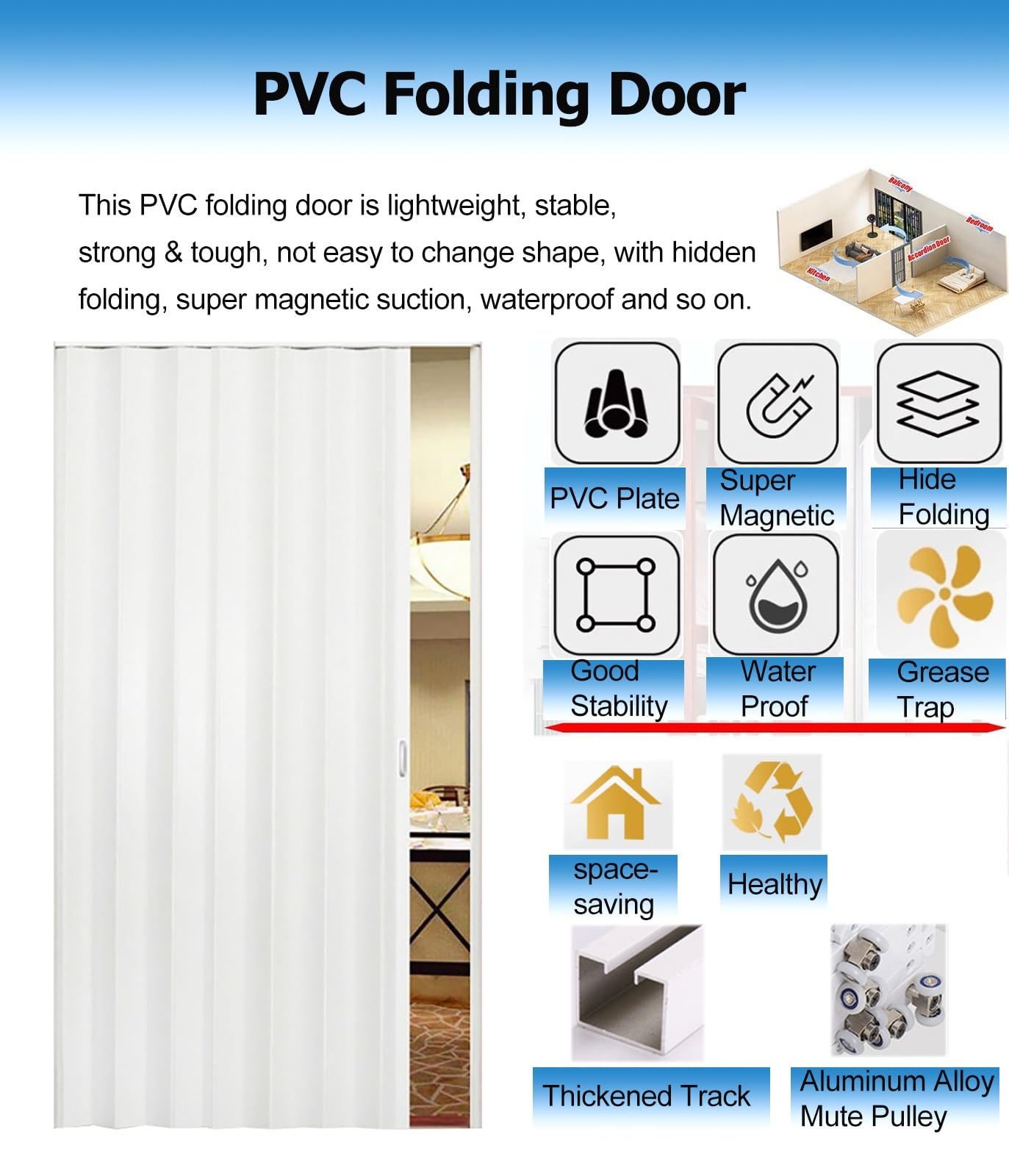 Porta a fisarmonica in PVC bianco, divisorio con vetro acrilico, porta scorrevole per armadio, ufficio, cucina, hotel, lavanderia, 68,6 x 203,2 cm