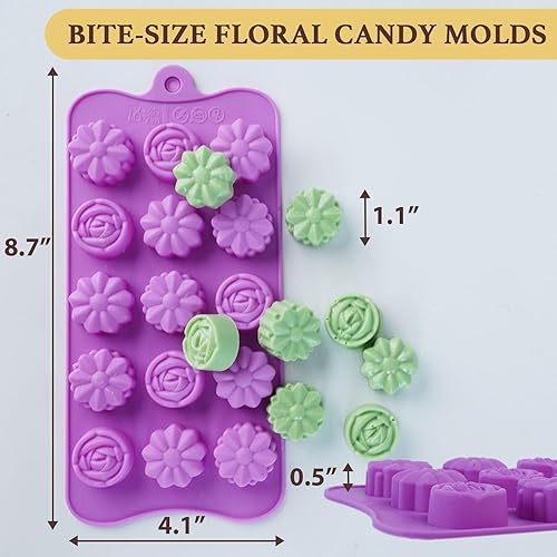 Miniatura 3 de Moldes de silicona para flores de chocolate, 4 unidades, 11 formas, 60 cavidades, molde para fondant de chocolate, tamaño bocado, rosa, floral, para
