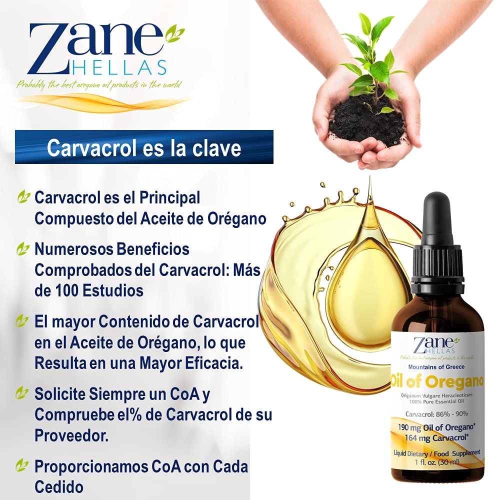Zane Hellas 100% Aceite de orégano sin diluir - 86% Min Carvacrol. 164 mg de Carvacrol por porción. Probablemente el Mejor Aceite de orégano del Mundo. 30 ml.