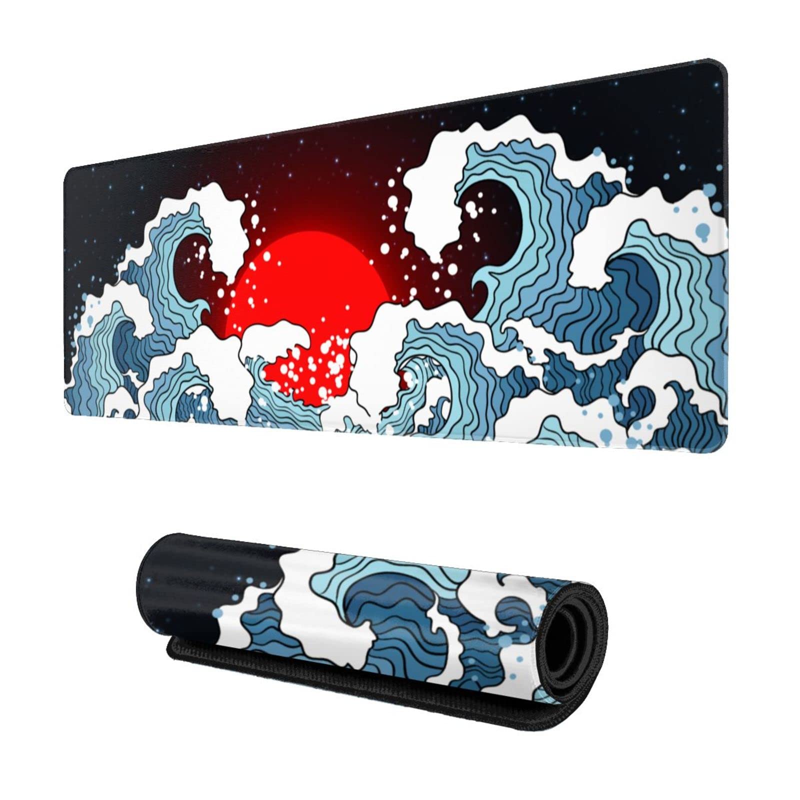 Japanese Blue and White Wave Sun Large Gaming Mouse Pad XL,with Stitched Edges Long Extended Waterproof Desk Mat Non Slip Mousepad 31.5 X 11.8 Inch
