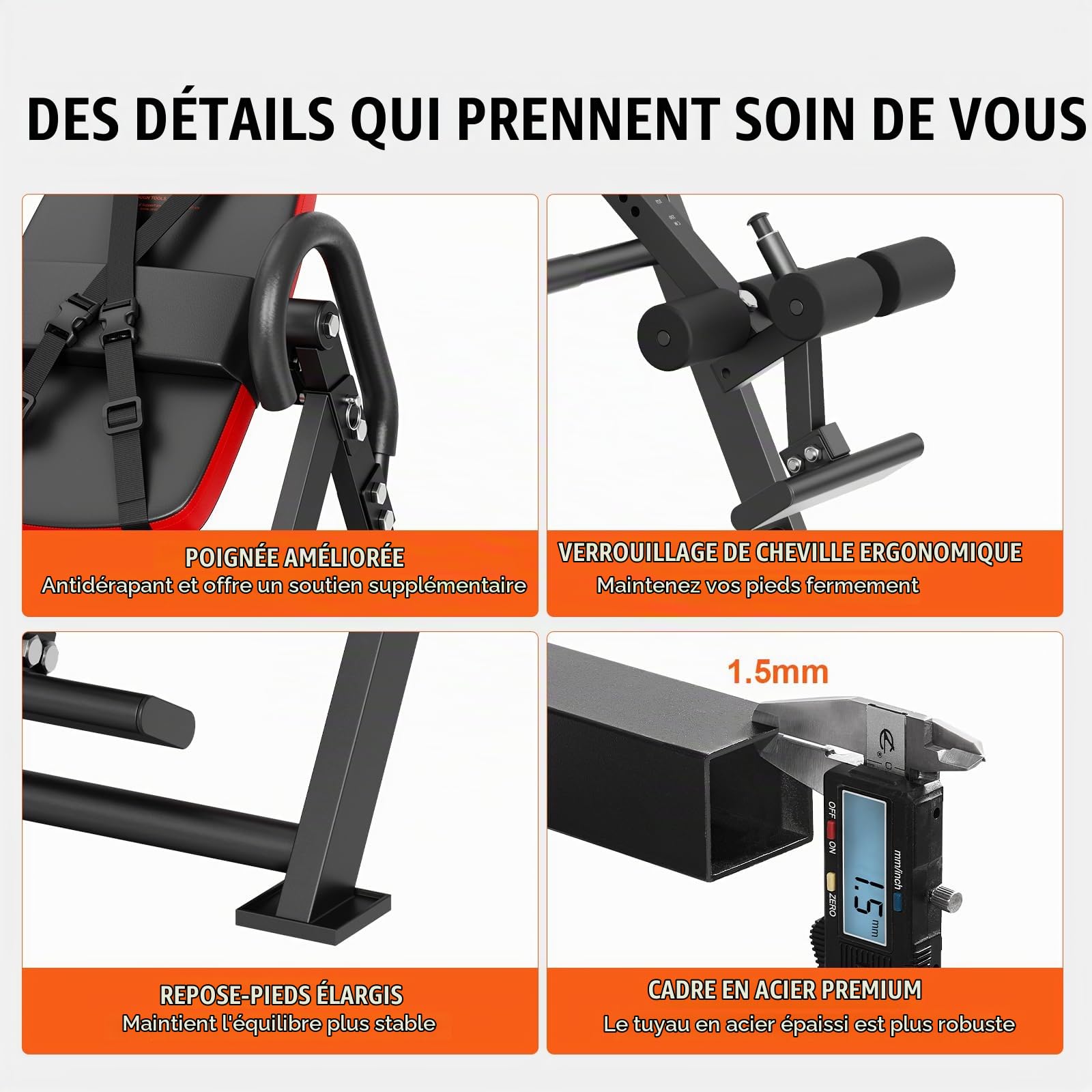 VEVOR Table d'Inversion Charge 136 kg, Banc d'Inversion avec Appui-Tête, Machine d'Étirement du Dos par Décompression, avec Verrouillage de Cheville et Ceinture de Protection, Musculation, Rouge/Noir