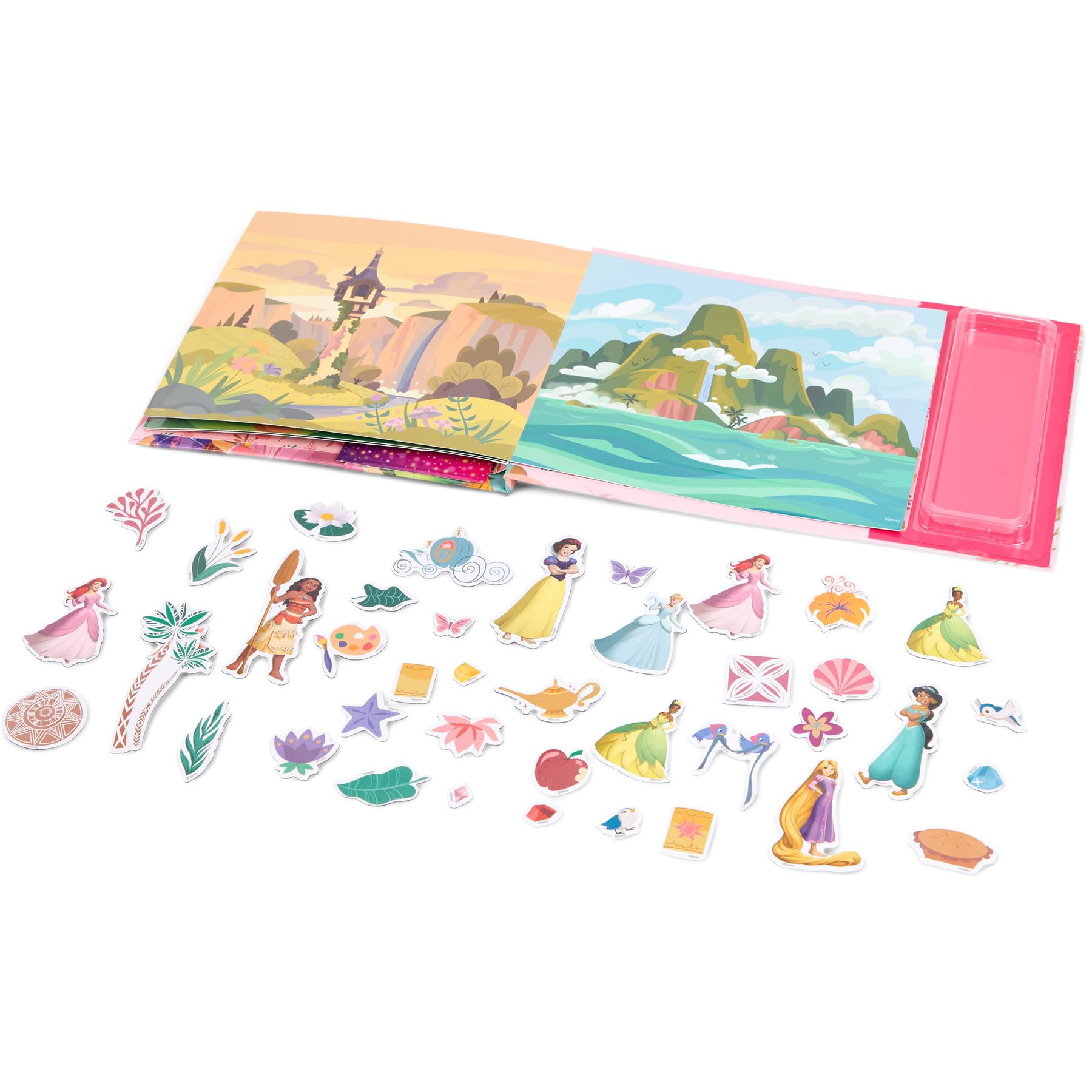 Disney Princess Magnetyczna książka dla dzieci, 40 figurek i akcesoria, interaktywny i kreatywny poradnik, Kopciuszek, Ariel, Belle & Co (DP24358)