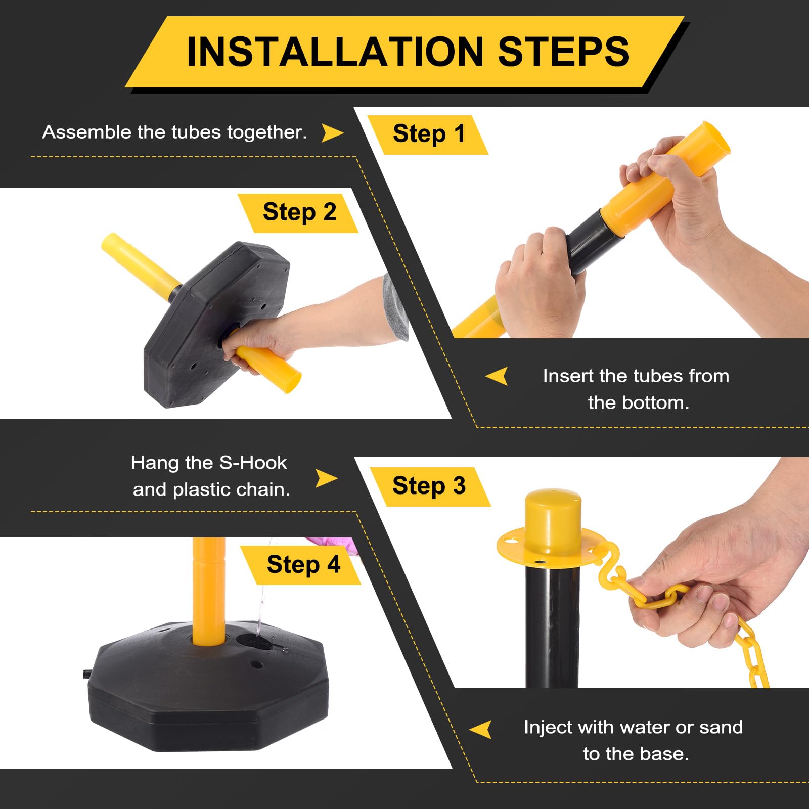 PATIKIL 2 Piezas Poste Delineador De Tráfico con Base Rellenable, Barreras De Seguridad De Cadena Plástica De 5 Pies para Estacionamiento En Construcción Control, Negro/Amarillo
