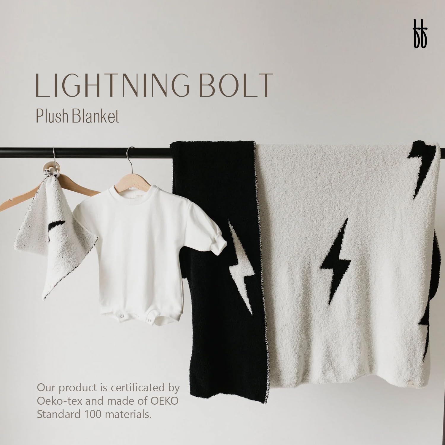 forever french Baby Plush Blanket | for Infant Toddler and Newborn | Receiving Blanket | 100% Microfiber Feather Yarn | Soft Warm Cozy for Crib Stroller & Travel (Black & White Lightning Bolt)