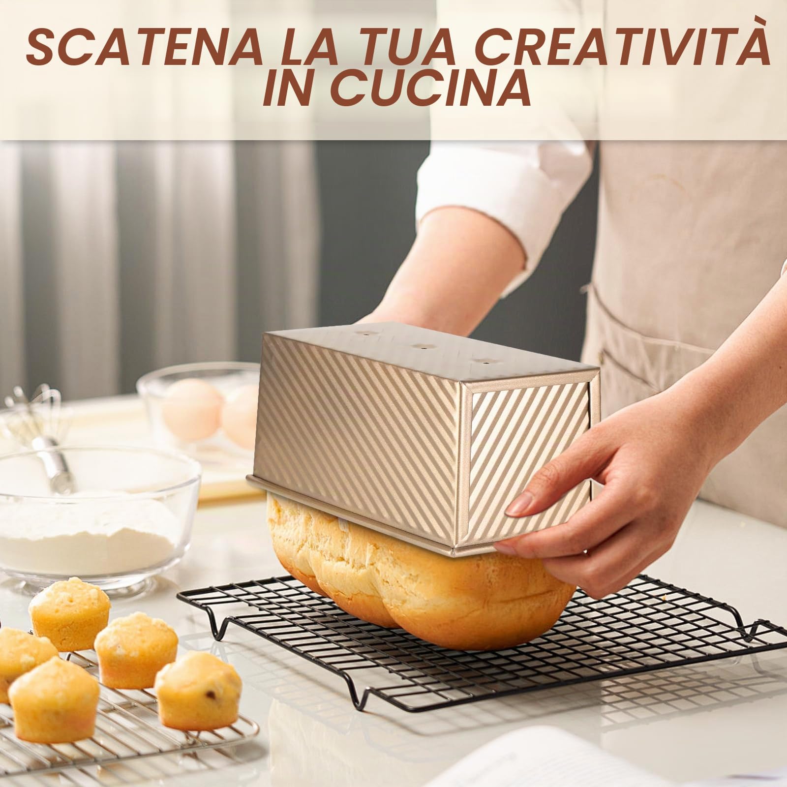 Set di 2 stampi antiaderenti per pane in cassetta con coperchio, ideale per cuocere pane, toast, panini e torte, perfetto per grigliare e cucinare (oro rosa)
