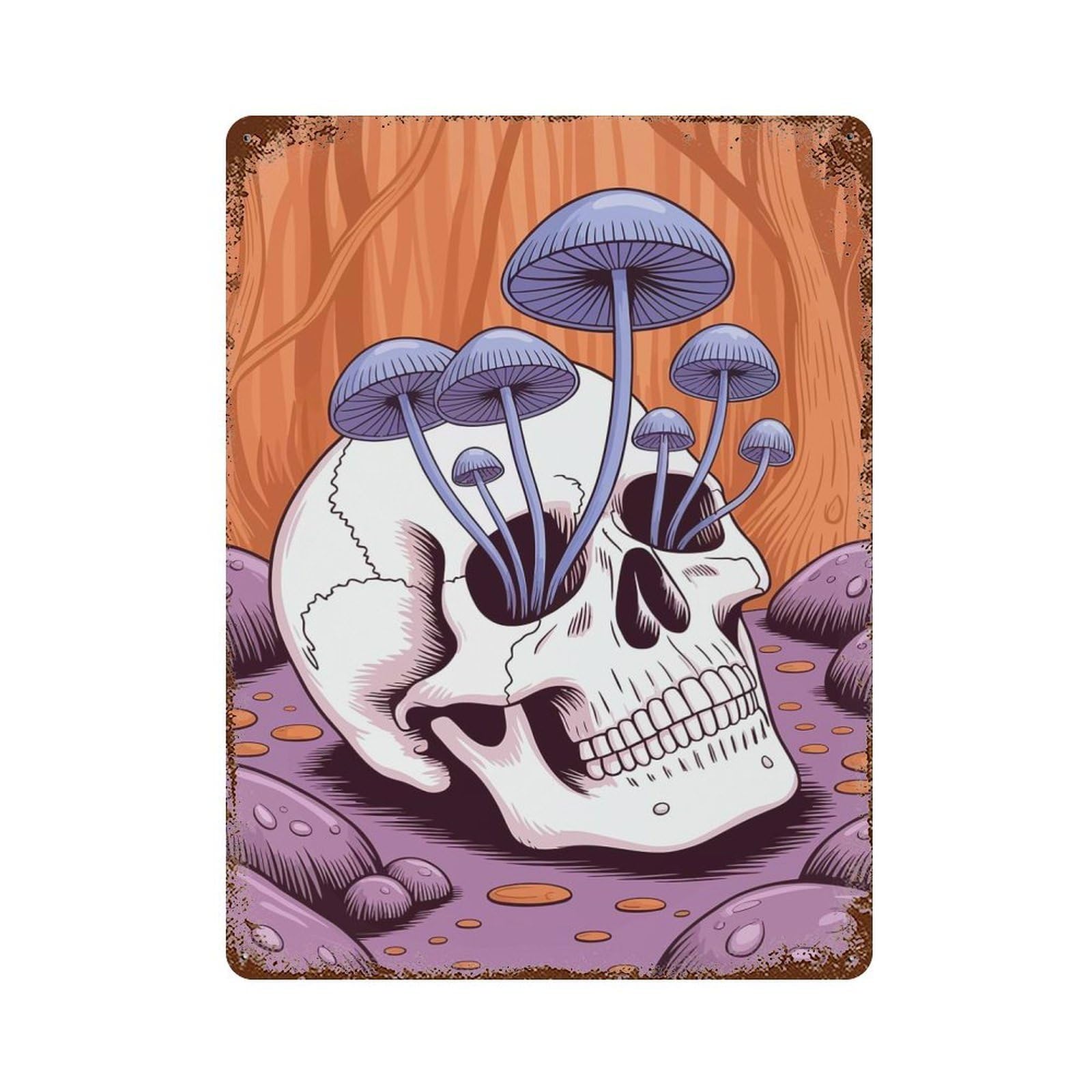 Skull with Mushrooms in Forest 15.7"x11.8" Vintage Rust Metal Sign, Shabby Chic Decor for Garage, Bar And Workshop Decor