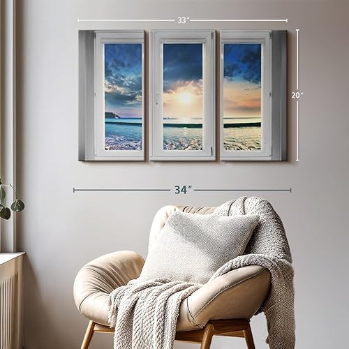 Miniatura 2 de Arte de pared de escena de ventana a playa, lienzo de varias piezas, lienzo de 3 piezas, lienzo para ventana de playa, decoración de pared, imagen