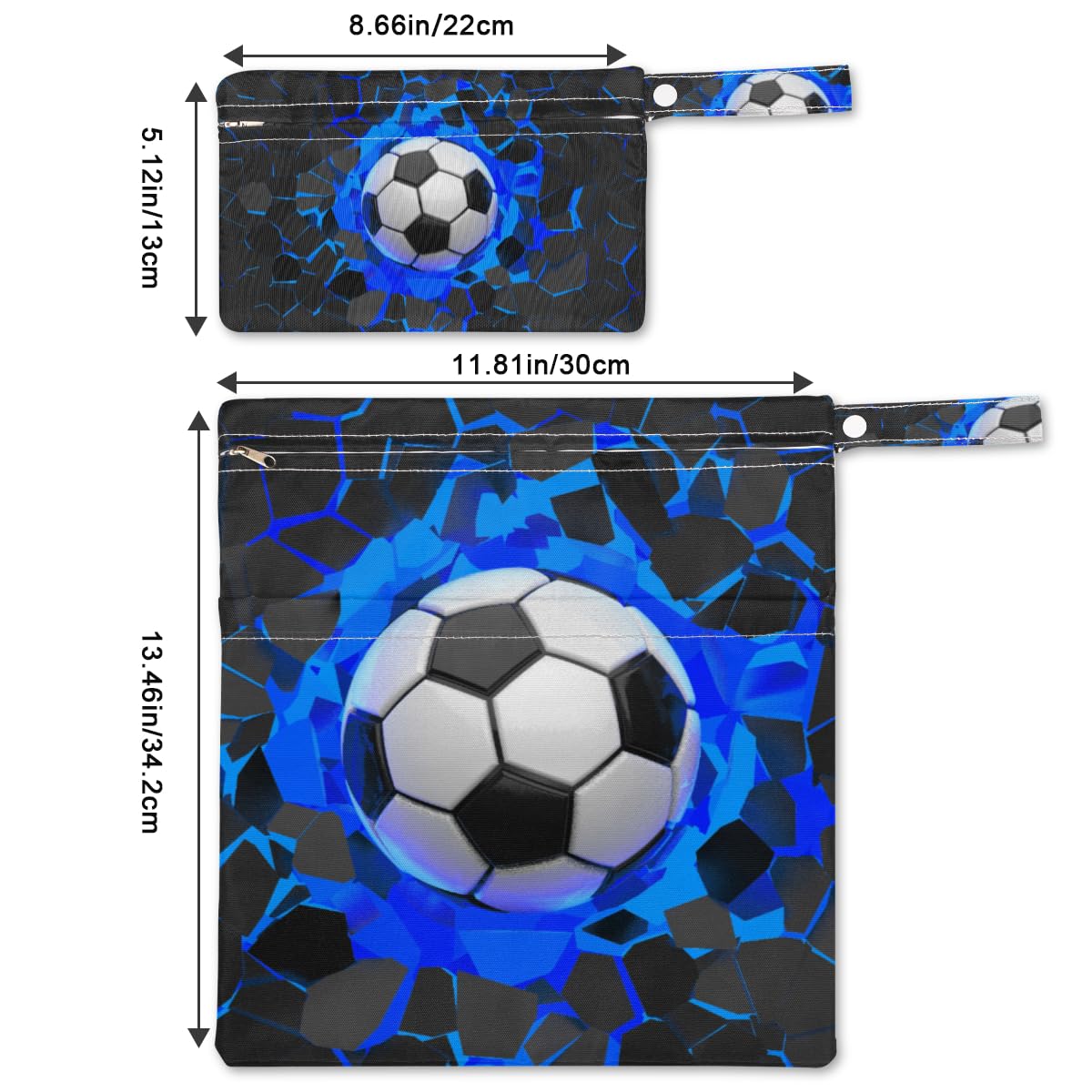 HUXINO Wet Dry Bags Soccer Wall Theme,Kids Baby Cloth Diaper Wet Bags Organizer Reusable Bags Pouch with 2 Zippered Pockets Beach Travel Hiking Gym Bag for Swimsuits Wet Clothes,2 Pcs