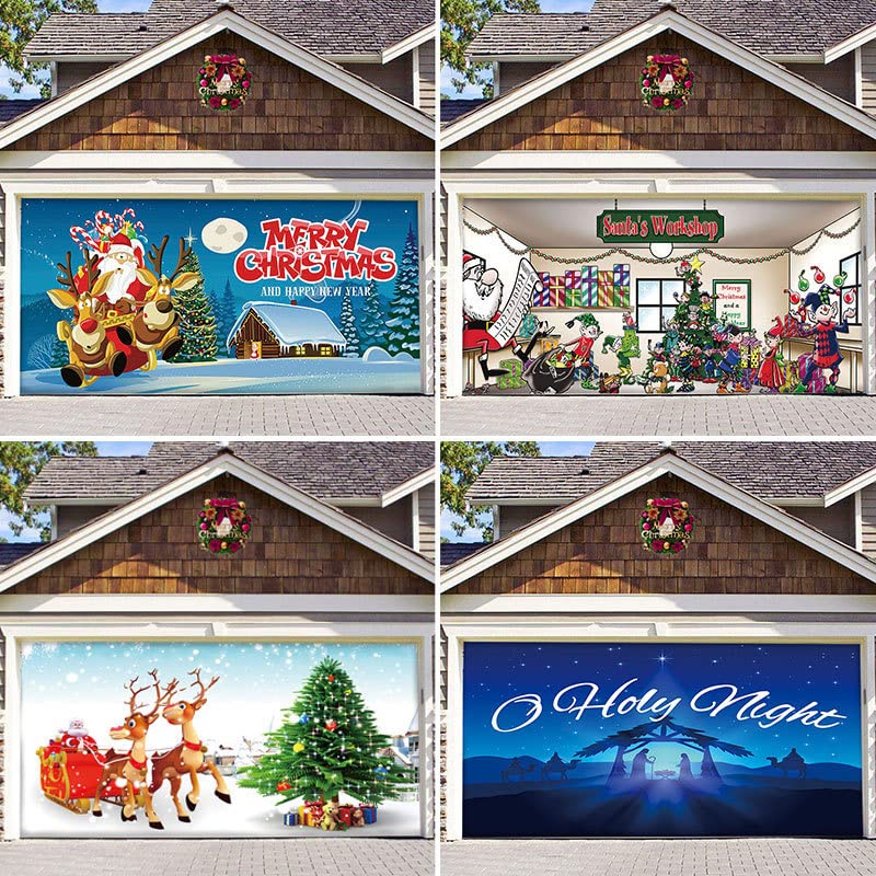 Bannière De Porte De Garage Noël 180x400 Cm - Scène Hiver Avec Bonhomme De Neige Et Père Noël