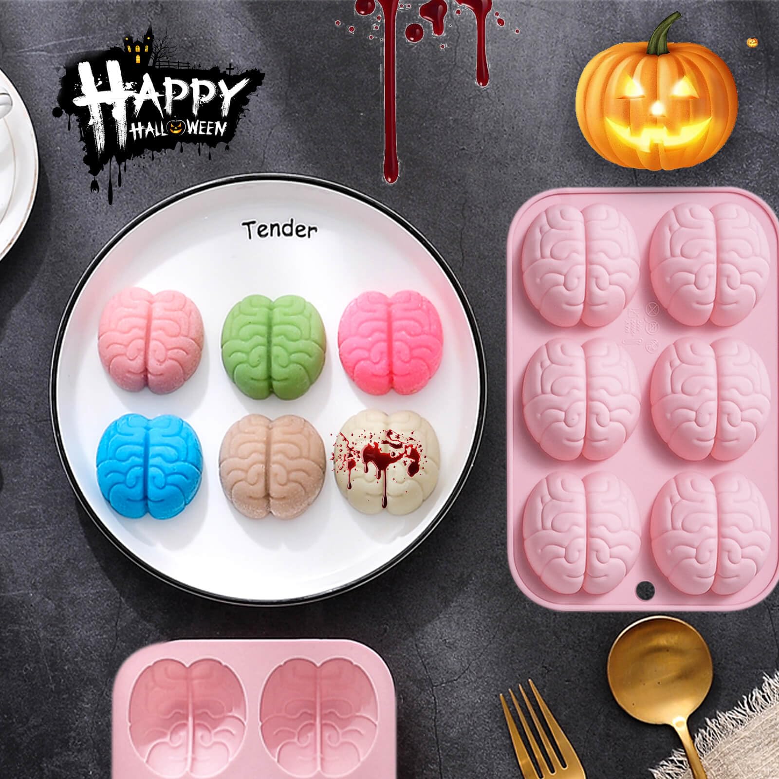 Webake Stampo in silicone a forma di cervello in silicone, 2 pezzi, per Halloween, cioccolato, caramelle, gelatina