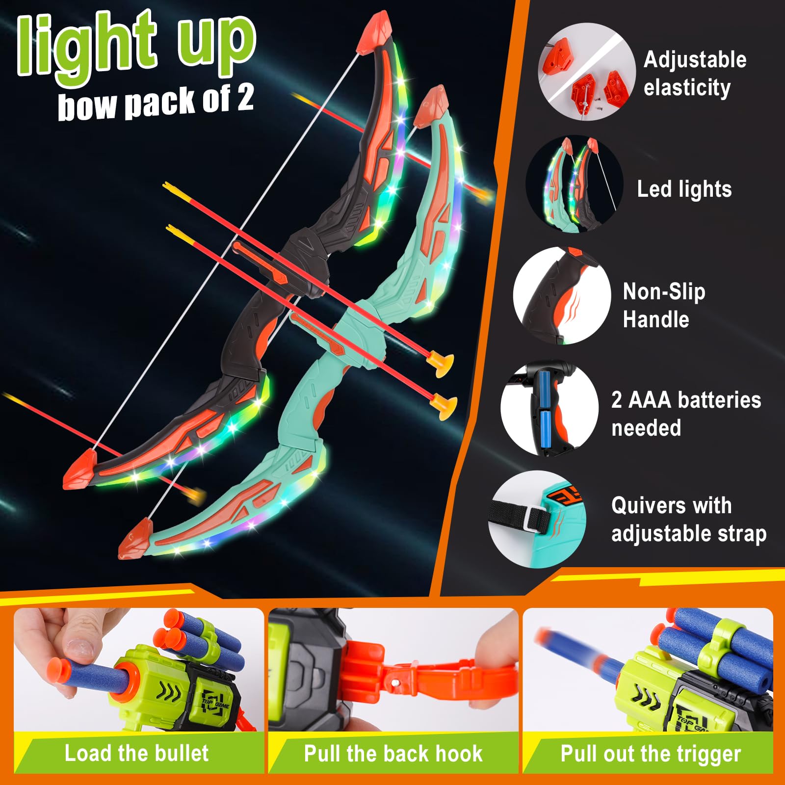 Set da 2 Archi e frecce per Bambini con luci a LED, Giocattolo Luminoso per tiro con L'Arco per Bambini, Giocattolo per Interni ed Esterni per età 3-12, Regalo per Ragazzi e Ragazze