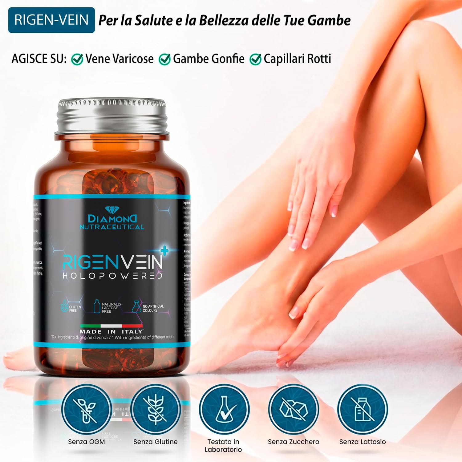 RIGEN-VEIN PLUS Integratore Nutraceutico Potenziato con Diosmina, Bromelina, Esperidina e Mirtillo per Gambe Gonfie, Capillari e Microcircolo - 60 Compresse