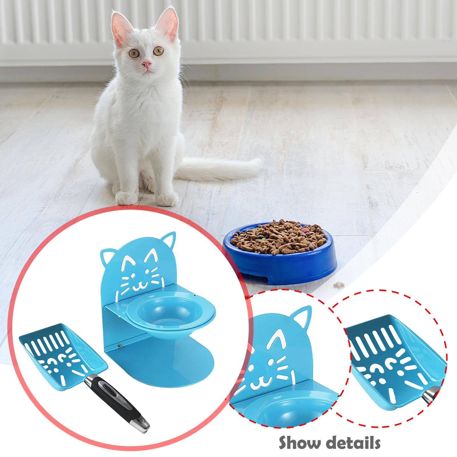 Pala para Arena de Gatos, Cuenco Alto para Gatos, Suministros Ergonómicos para Mascotas, Comedero Extraíble con Colador para Excrementos, Uso en Inter, Azul, Individual