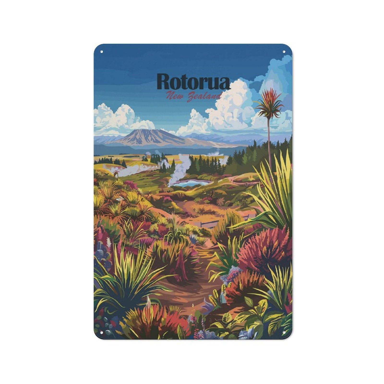 Junmoney Style-23 Rotorua, New Zealand Landscape Retro Metal Plaque 30X20cm For Living Room Or Hallway, Suited To Hallway Decor Fans