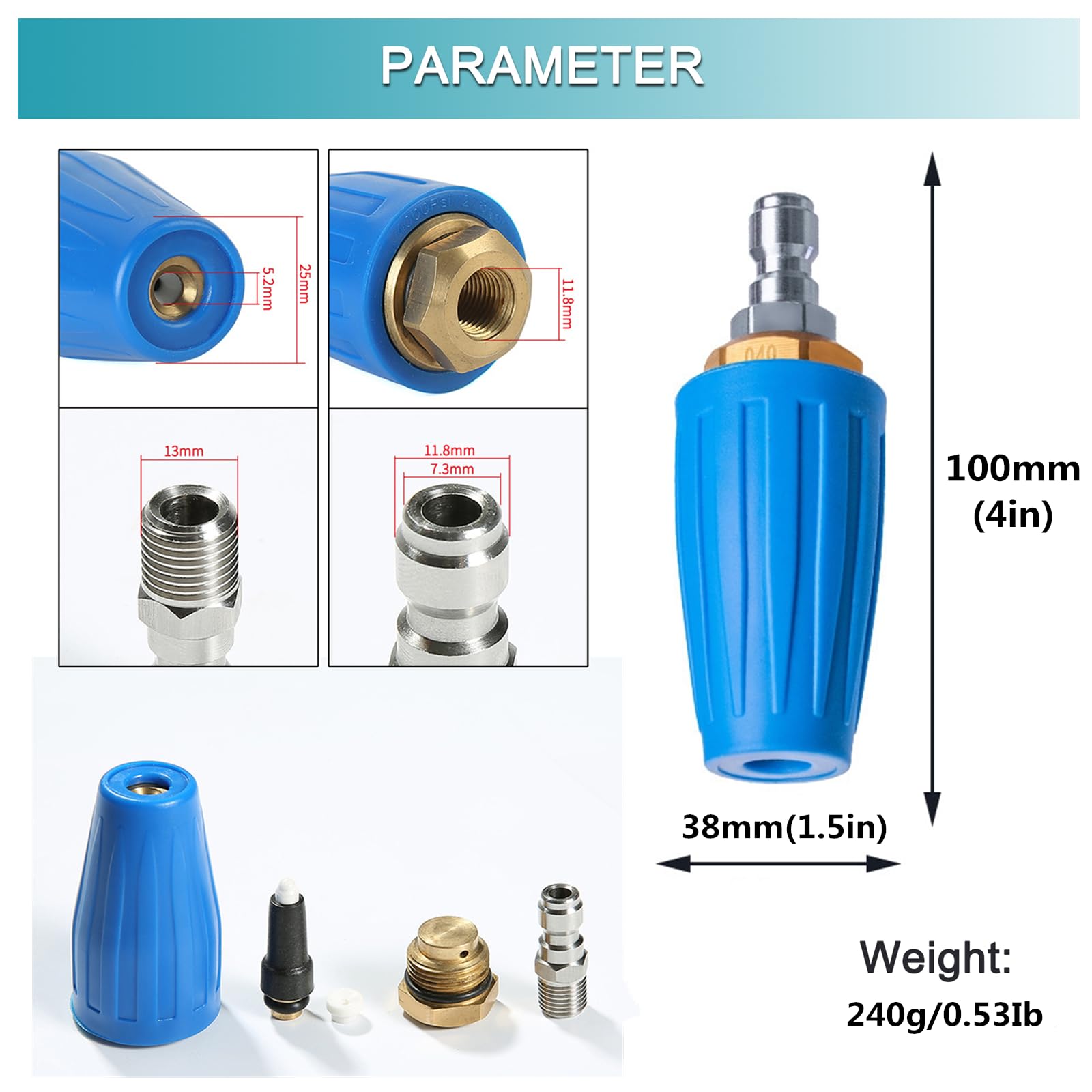 Drehbare Turbo Düse Universal für Wasser Hochdruckreiniger, Max 4000 PSI, 276 bar, 1/4 Quick Connect Rotating Turbo Hochdruckreiniger Pistole Düse Zubehör (Blue-blau)