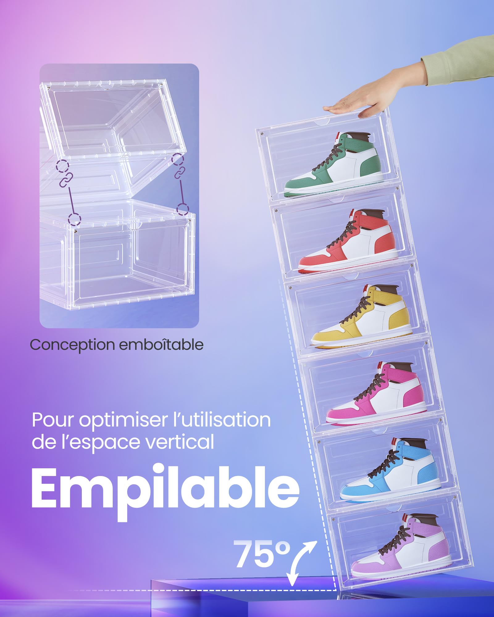SONGMICS Boîtes à Chaussures Lot de 8, Rangement pour Chaussures, en Plastique, avec Porte, Empilable, 33 x 28,5 x 19,2 cm, jusqu’à la Pointure 46, Blanc Transparent LSP508W01