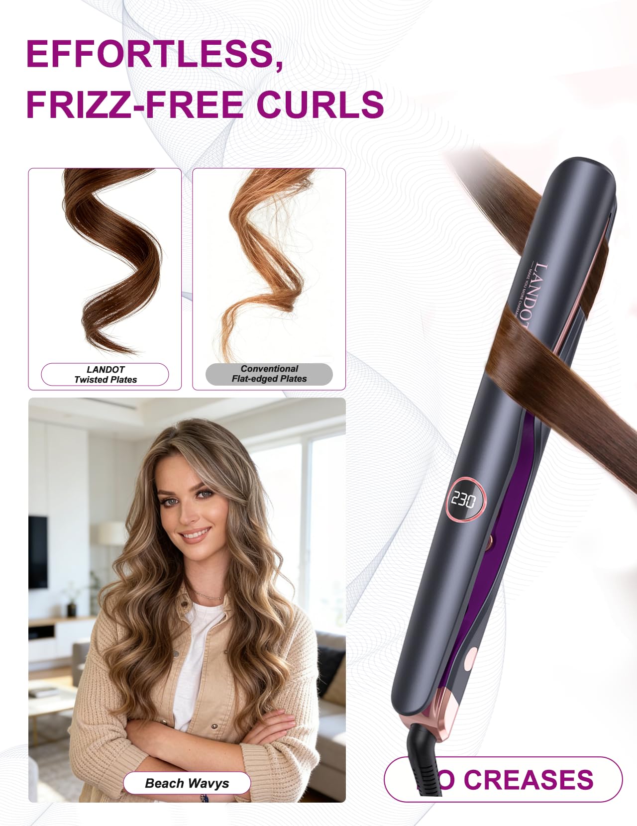 Glätteisen Locken und Glätten 2 in 1: LANDOT Haarglätter Lockenstab - Geschwungene Stylingplatten zum Glätten Locken Wellen - Verstellbarer Temperatur 120℃-230℃
