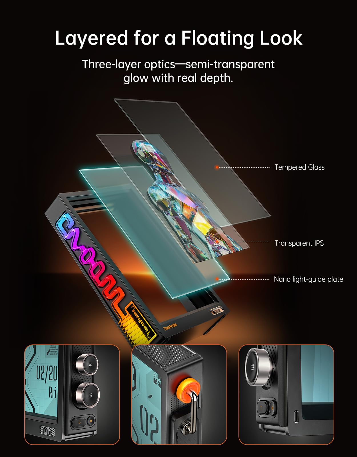 Divoom Times Frame-10.1" Digital Picture Frame Transparent IPS Smart Linux OS with RGBLED Rotary Knob WiFi 64GB 400+Clock Faces Widget 50+API Feeds Gift Mode Pixel Art Community Personalized Display