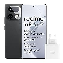 realme 16 Pro+ 5G Smartphone, 8GB+256GB, Display Curvo AMOLED 144Hz 6,8″, Batteria 7000mAh, Fotocamera 200MP OIS, IP69K, Ricarica Rapida 80W, Doppia SIM, Next AI, Grigio (Con Adattatore)
