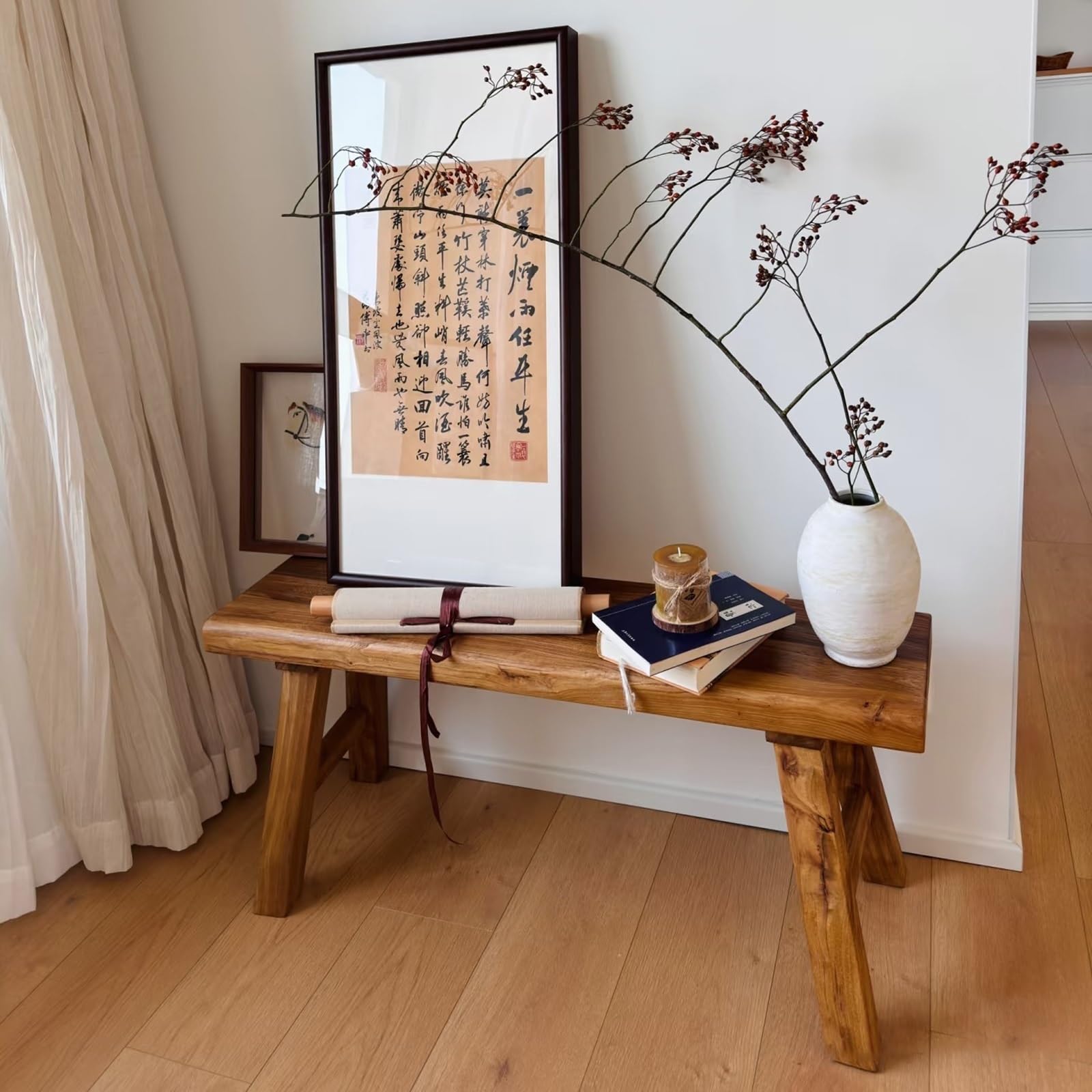 Banc d'entrée de Style campagnard en Bois Naturel Asiatique, Facile à Assembler, idéal pour Une Chambre, Une Salle à Manger, Un Salon, Une Cuisine ou Un Couloir (31,5 x 9,8 x 17,7 Pouces)