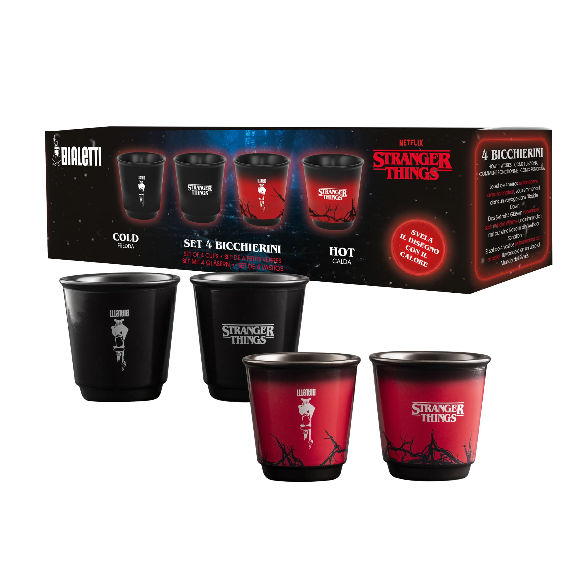 Bialetti Stranger Things 4'lü Kahve Fincanı Seti, Isıya Duyarlı, Renk Değiştiren, Bulaşık Makinesinde Yıkanamaz - Her biri 80 ml, Siyah