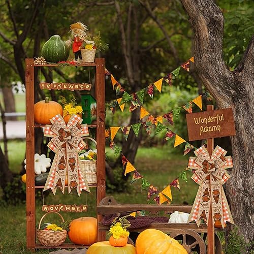 Miniatura 9 de Lazos grandes de otoño para corona, lazos de corona de cosecha de camión de Acción de Gracias, lazos de lana cuadriculada naranja para puerta