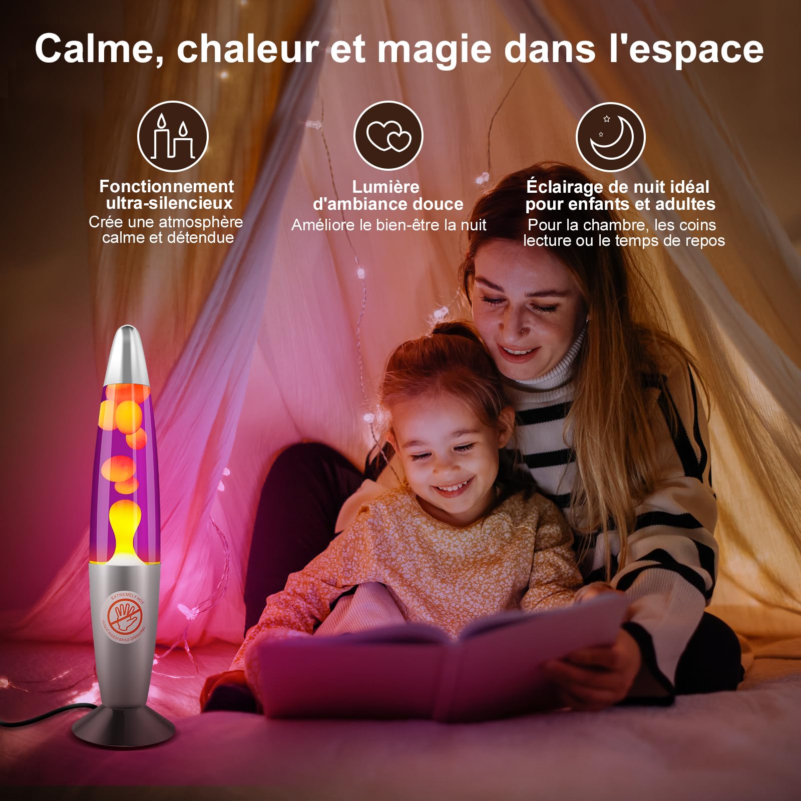 Lampe à lave rétro 34 cm violette et jaune – Lampe décorative en aluminium – 2 ampoules R39 25W E14 – Idéale pour chambre, salon et comme cadeau