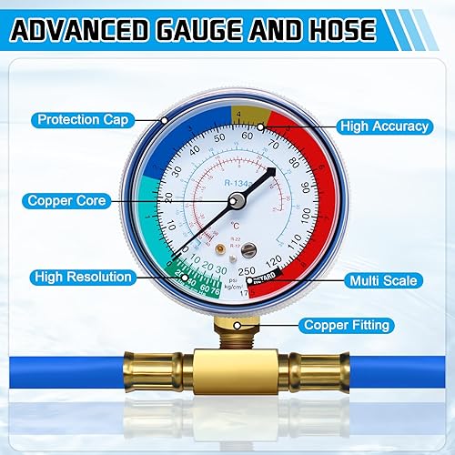 Miniatura 2 de Boltigen Manguera de recarga de refrigerante R134a con manómetro, AC R134A Kit de recarga de freón para refrigerador con válvulas de perforación de
