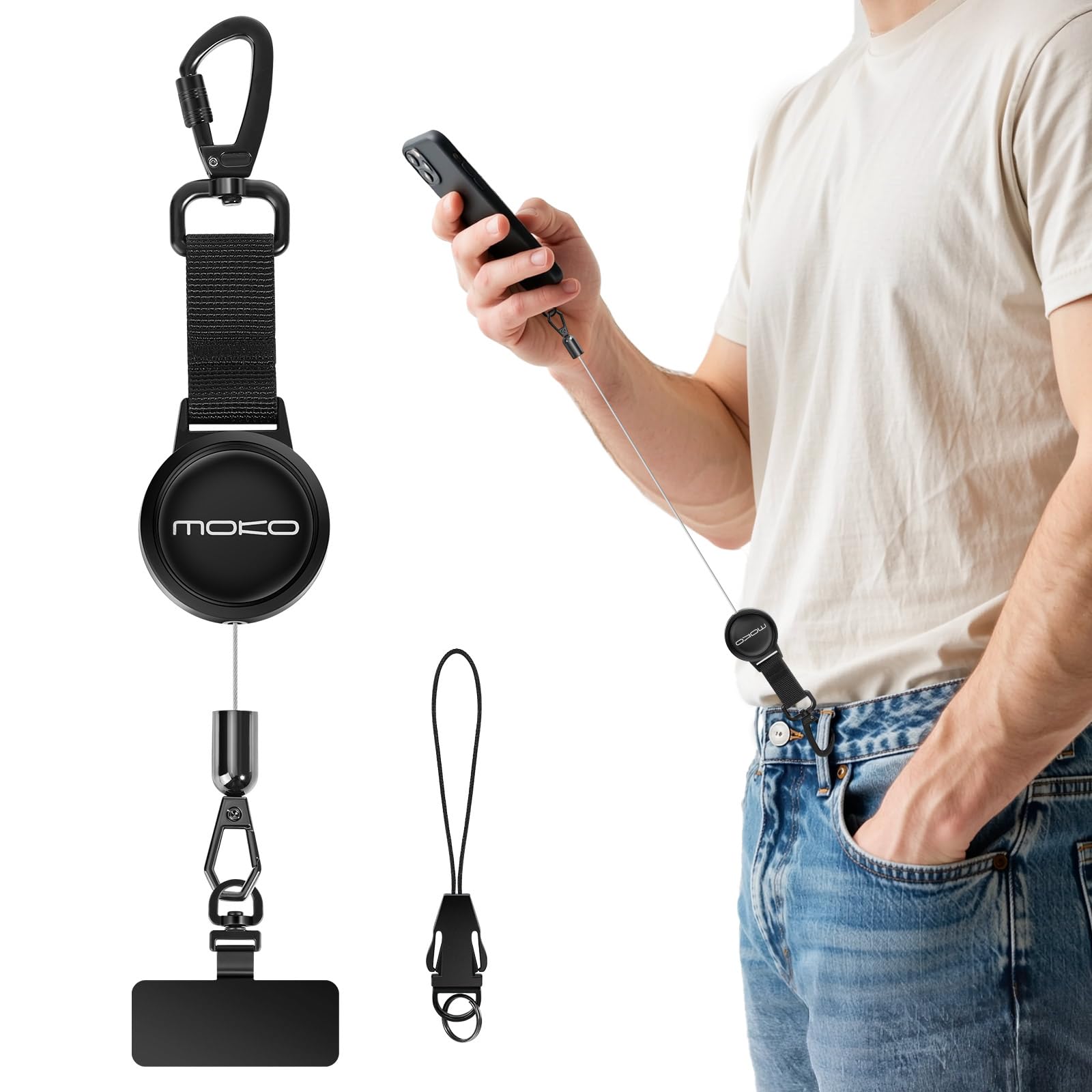 MoKo Einziehbares Handy-Sicherungsband, Einziehbarer Umhängeband mit Diebstahlschutz und Metallhaken und 360°-Metallhalterung, Handy-Umhängeband für Outdoor wie Wandern, Klettern und Angeln, Schwarz