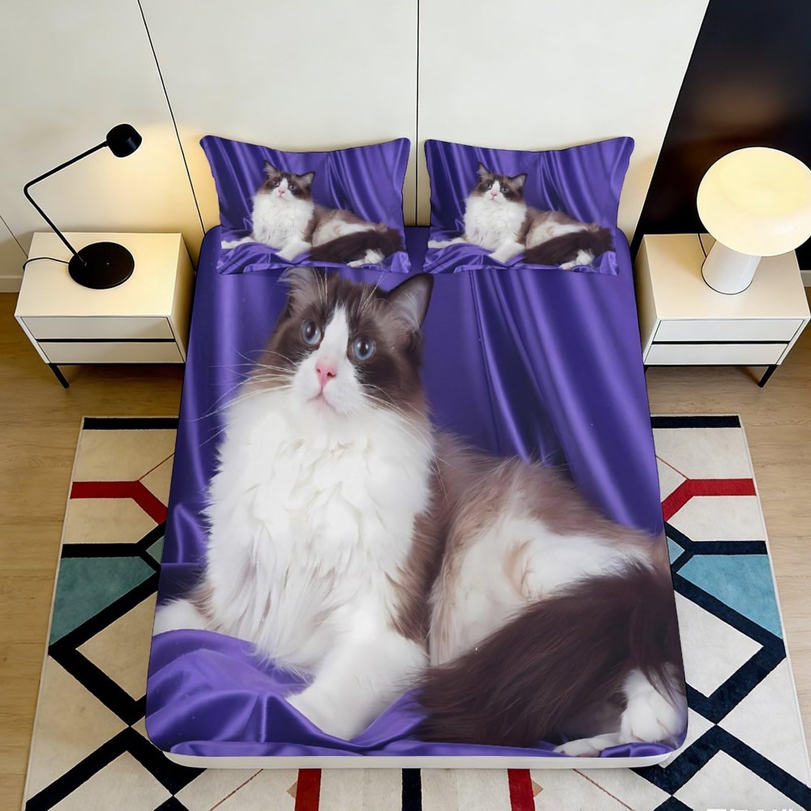 3D Printed Realistic Ragdoll Cat Fitted Sheet Microfiber Soft Purple Fluffy Cat Mattress Cover Bedroom Decor Machine Washable 90x200x25cm