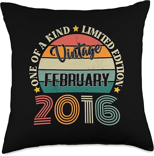 8 Year Old Vintage February 2016 8th Birthday Retro Throw Pillow, 18x18, Multicolor