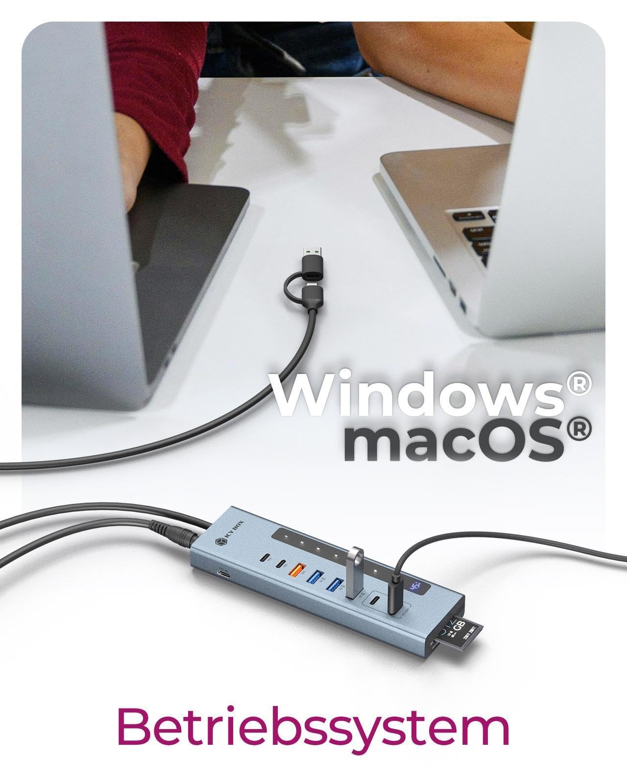 Icy Box (11 en 1) Hub USB-C con Lector de Tarjetas, 2 Puertos USB-C y 1 USB-A (10 Gbps), 3 Puertos USB-A (5 Gbps), 100 W PD, SD/microSD UHS-I, IB-HUB1742CR-C2PD
