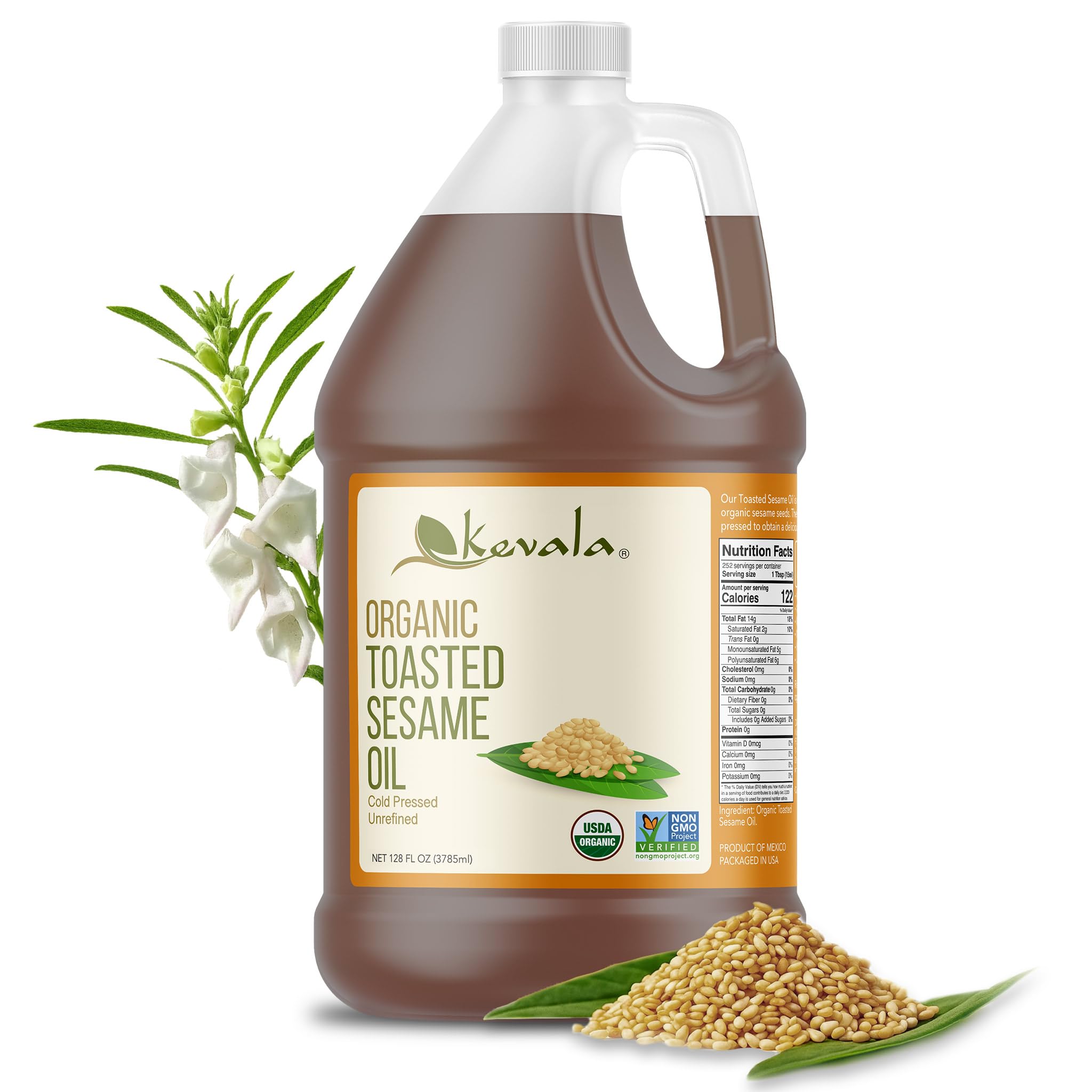 Kevala Organic Toasted Sesame Oil - Oil with Medium Smoke Point Suitable for Light Roasting and Stir-frying, Kitchen Pantry Essential Great for Asian-Style Recipes and Making Sauces, 128 fl oz, 1 gal