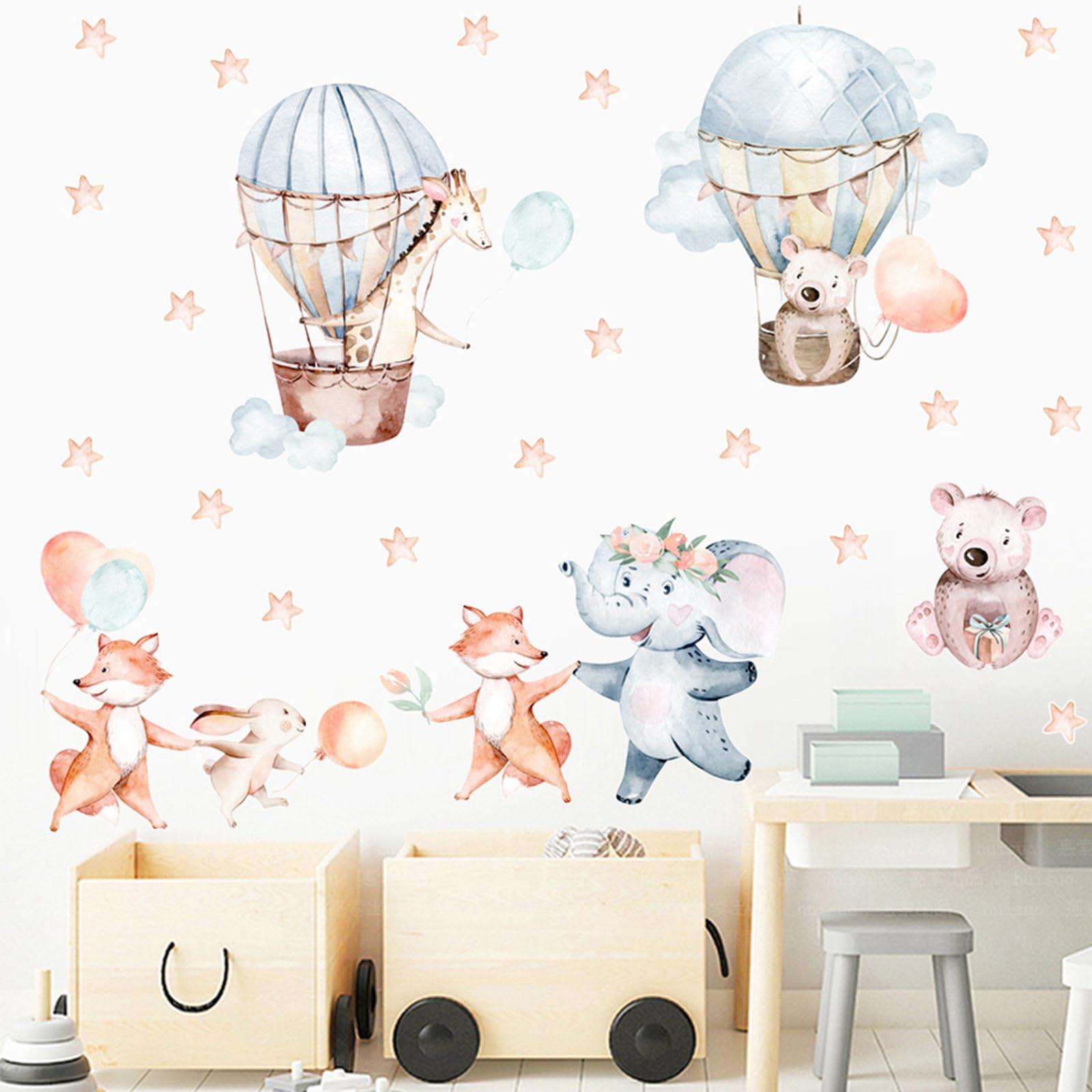 43 Pcs Pegatinas de Pared Globos Aerostáticos de Animales, Pegatinas de Pared Animales del Bosque para Habitación Infantiles Niños Dormitorio Guardería