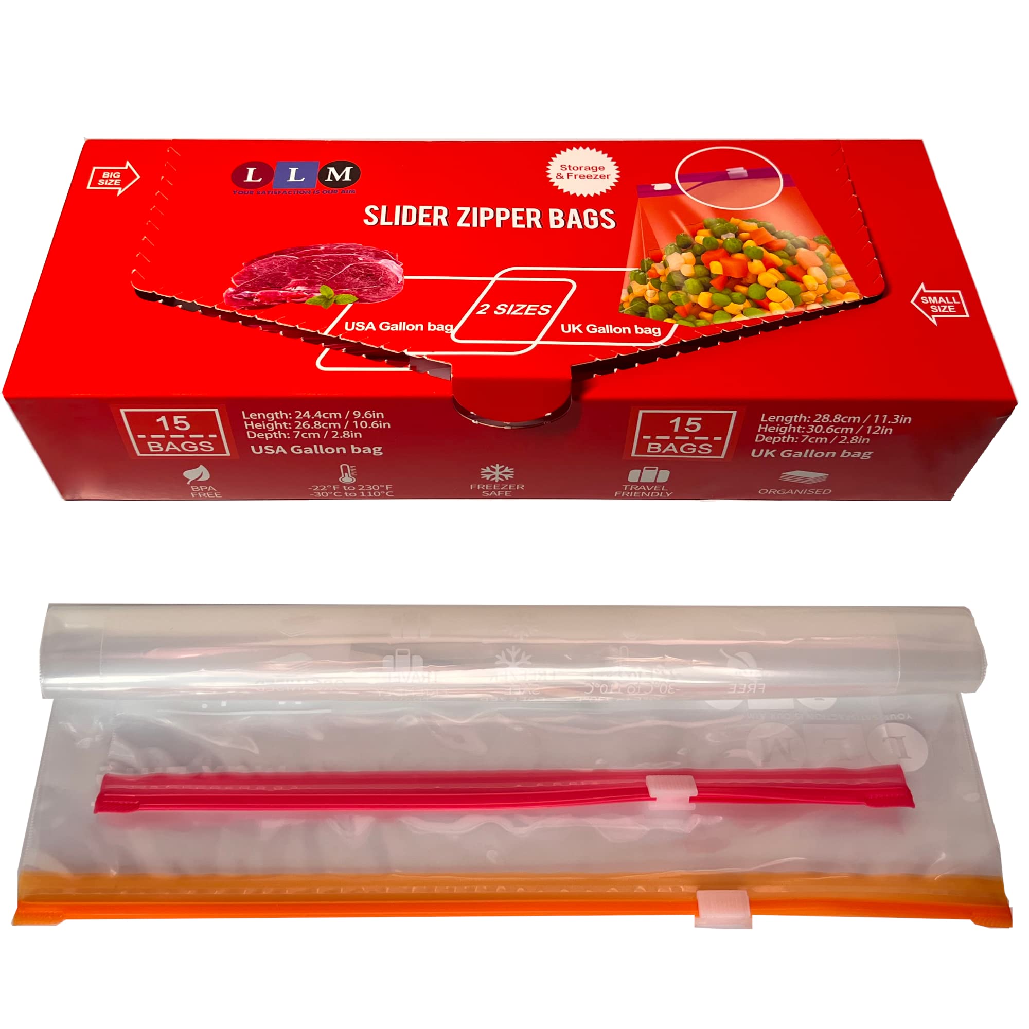 LLM Premium Food Storage Bags - Large Slider Ziplock, Heavy-Duty Plastic, Stand and Fill Expandable Bottom, BPA FREE - 30 Bags (ONE UK + USA GALLON)