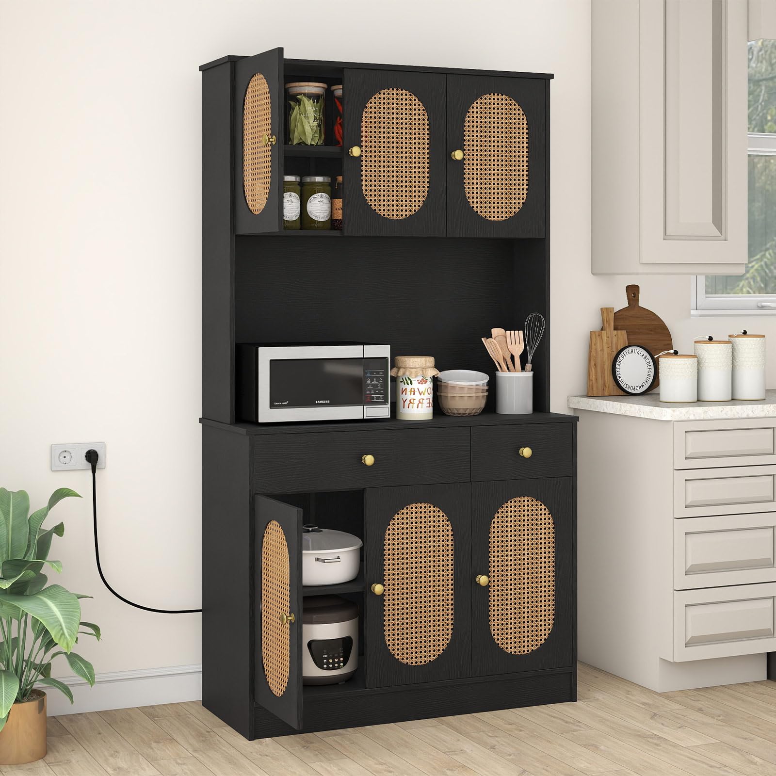 COSTWAY Armoire de Rangement, Buffet avec Vitrine, Station de Recharge, 6 Portes en Rotin, 2 Tiroirs, 4 Étagères Réglables, Buffet Bohème Indépendant pour Salon, Salle à Manger (Noir)