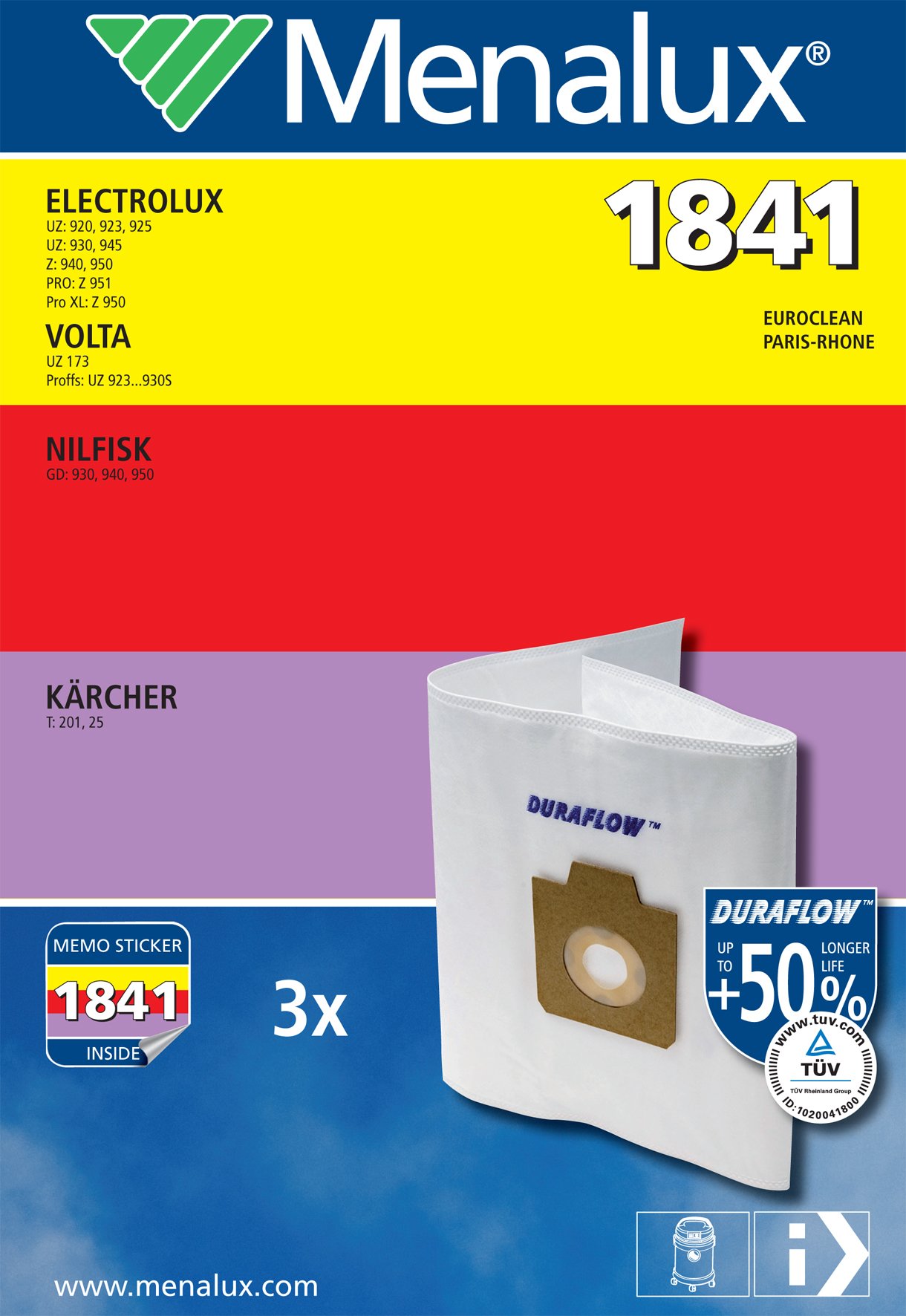 Menalux 1841 Duraflow 3 Dust Bags for Electrolux and Nilfisk